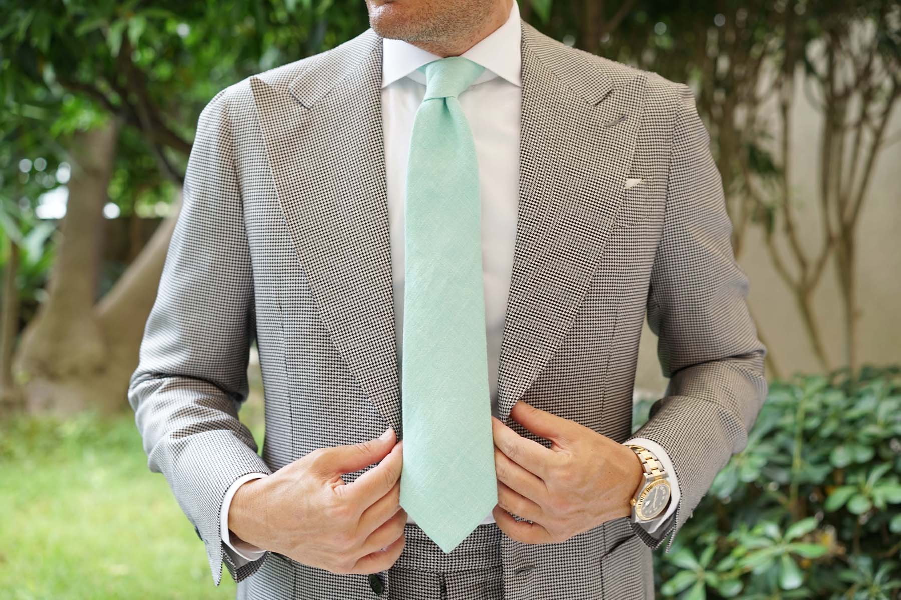 Mint Blush Green Chevron Linen Necktie