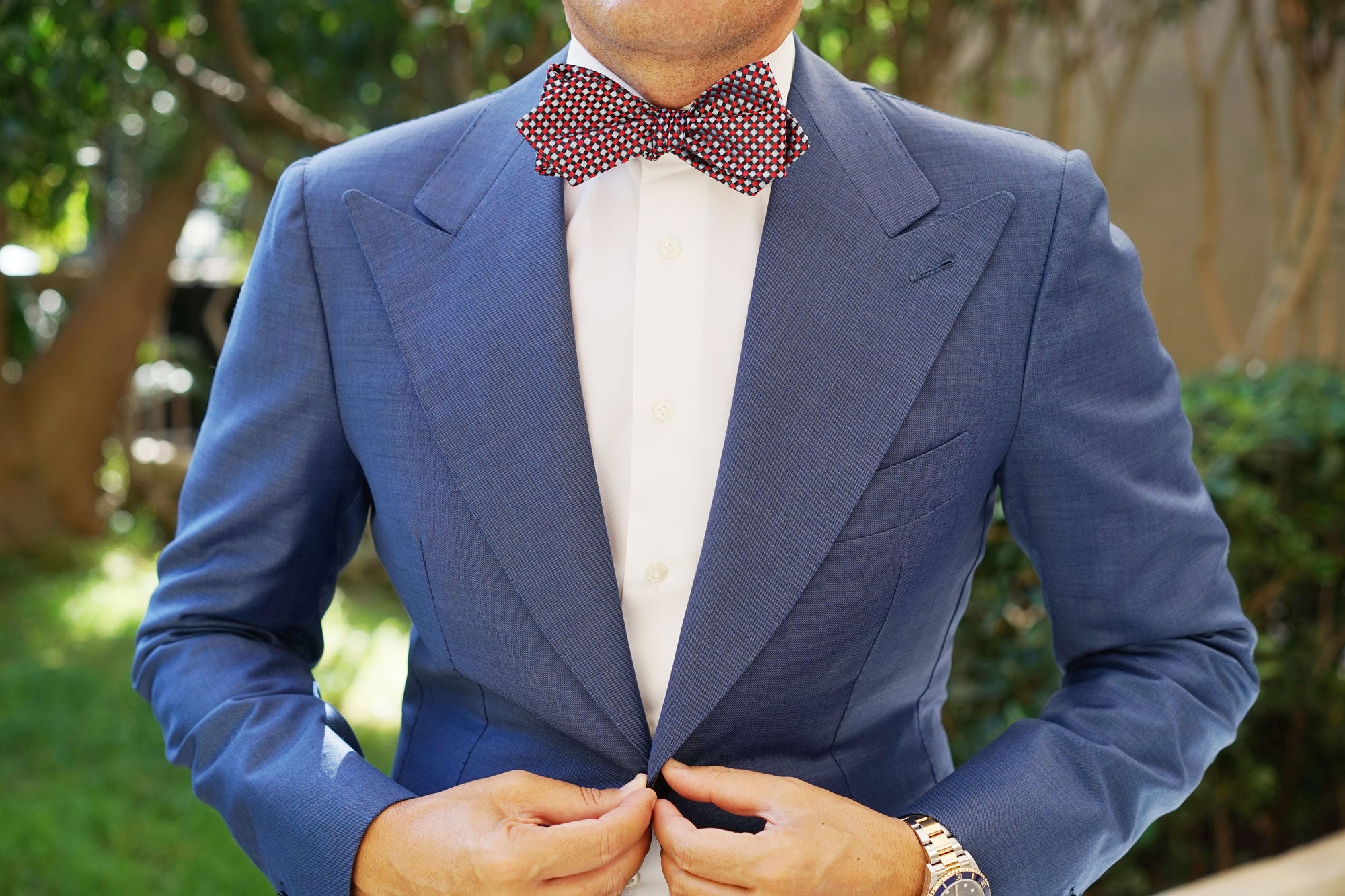 Navy and Light Blue Red Checkered Self Tie Diamond Tip Bow Tie