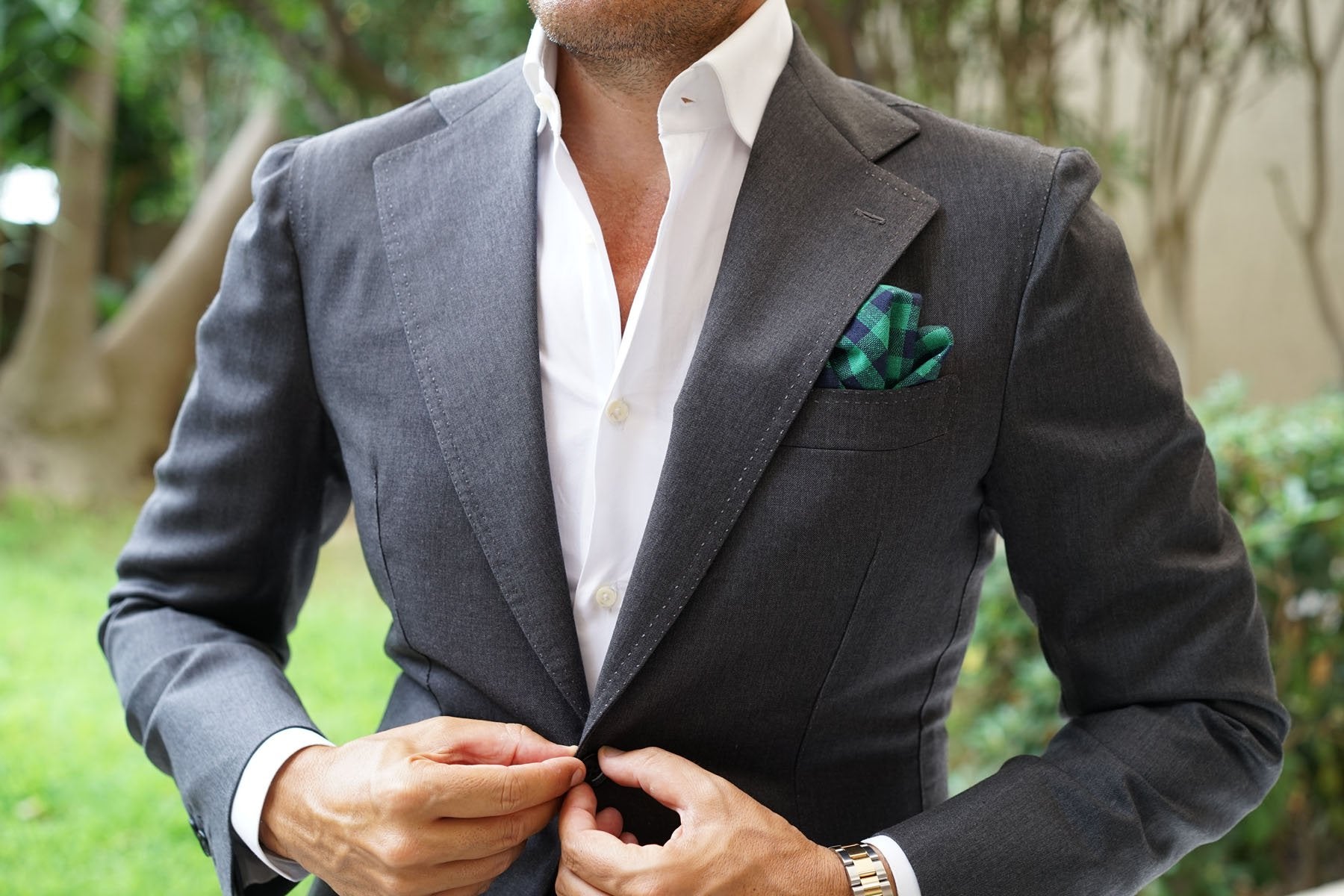 Raw Green Gingham Linen Pocket Square