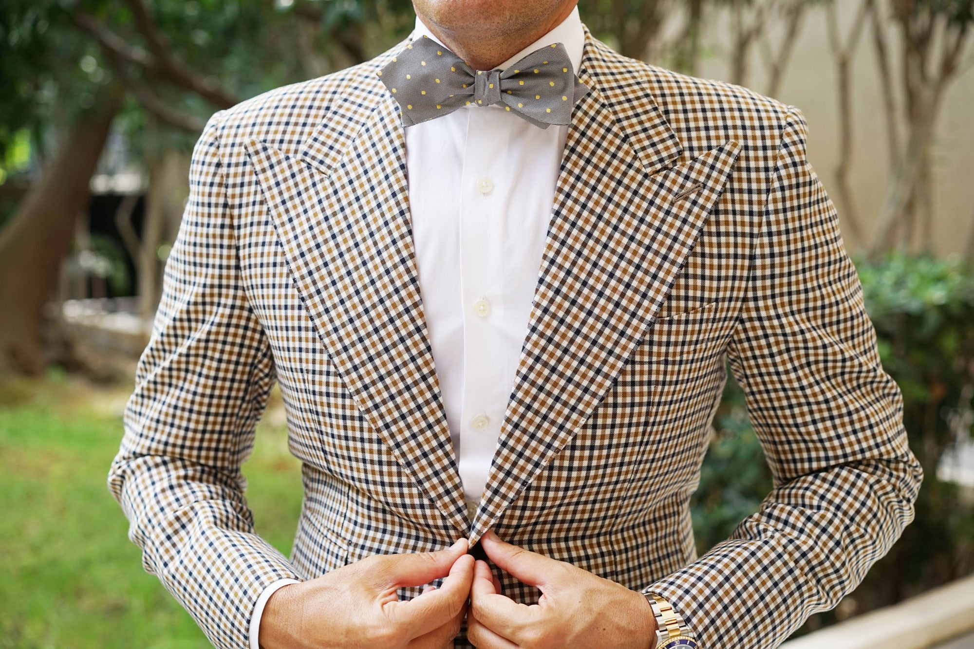 Grey with Yellow Polka Dots Self Tie Diamond Tip Bow Tie