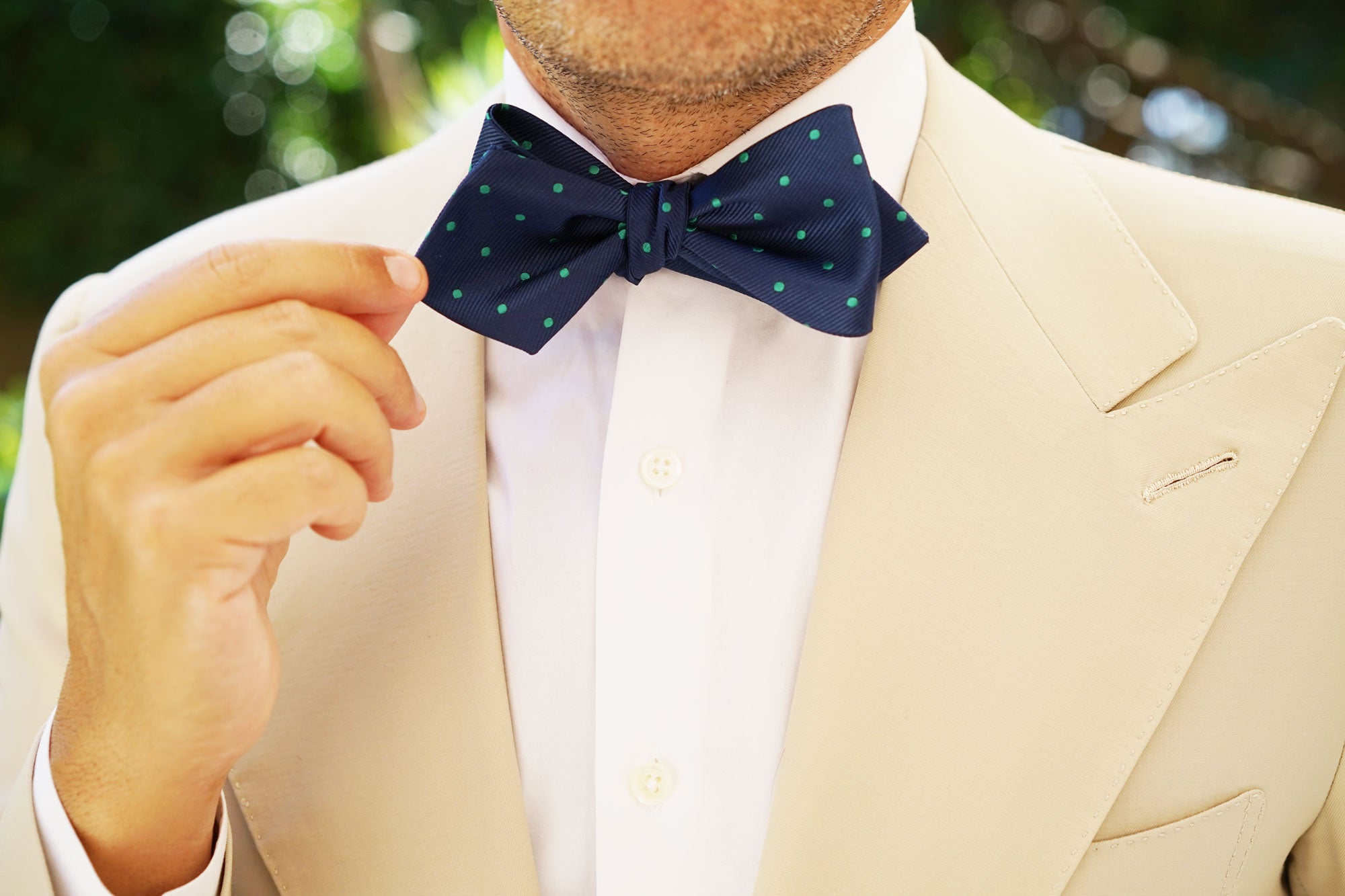 Navy Blue with Green Polka Dots Self Tie Diamond Tip Bow Tie