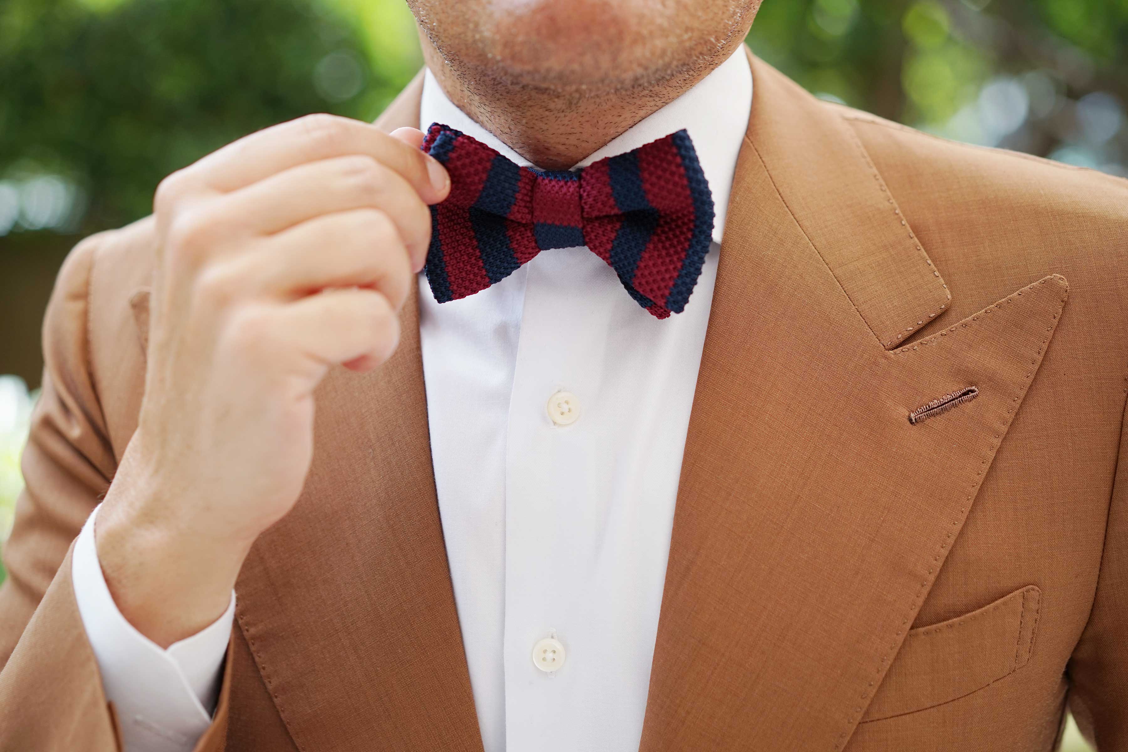 Maroon with Navy Blue Striped Knitted Bow Tie