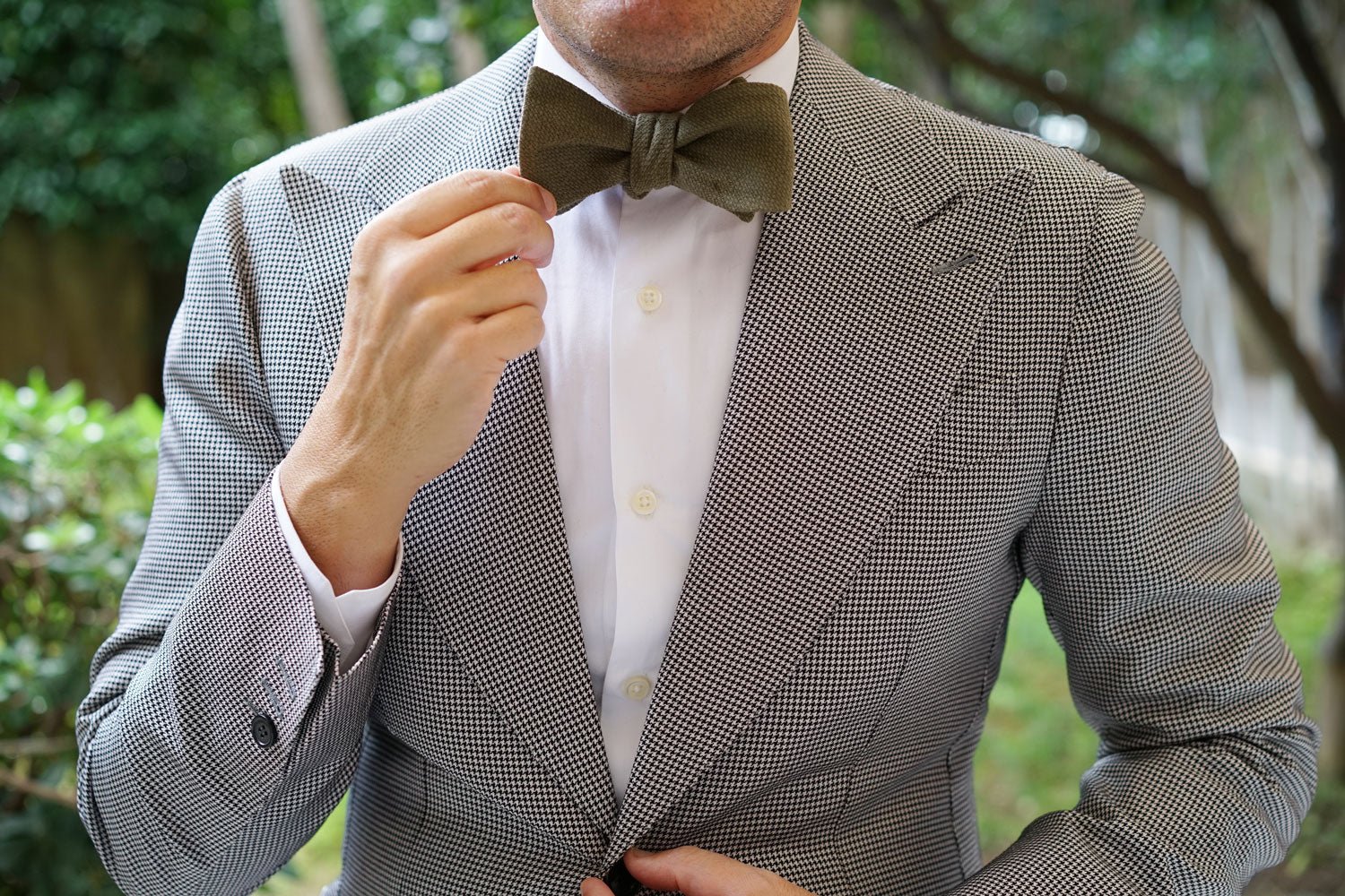 Olive Green Basket Weave Linen Self Bow Tie