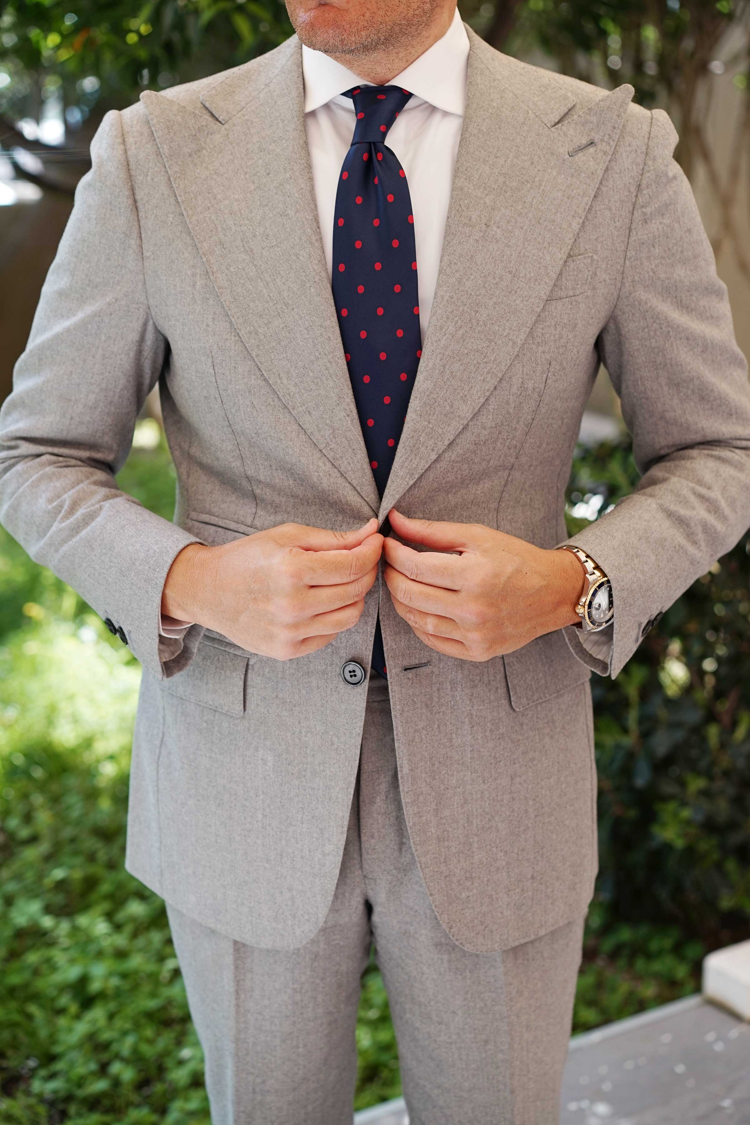 Navy Blue Tie with Red Polka Dots