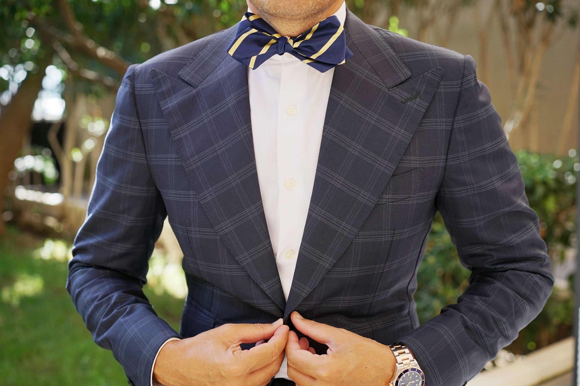 Navy Blue with Yellow Stripes Self Tie Diamond Tip Bow Tie