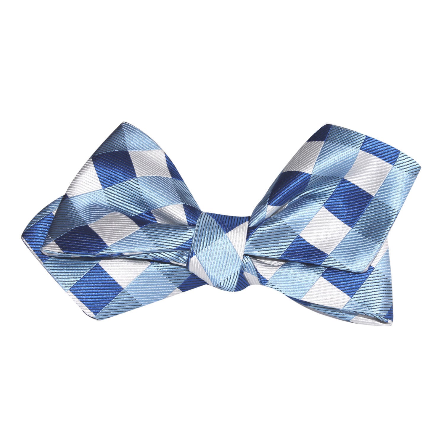 Sea and Light Blue White Checkered Self Tie Diamond Tip Bow Tie