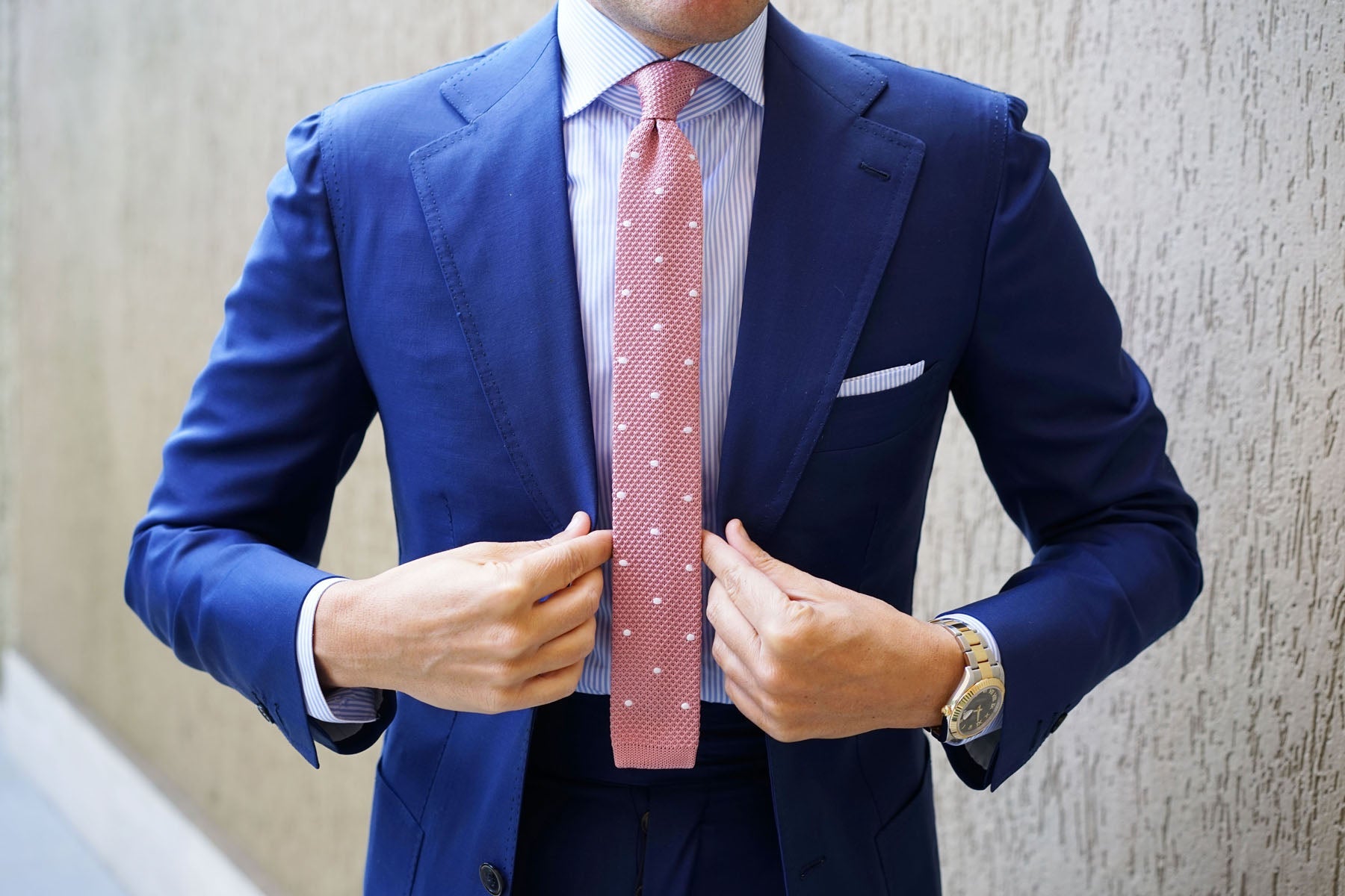 Pink Knitted Tie with White Polka Dots