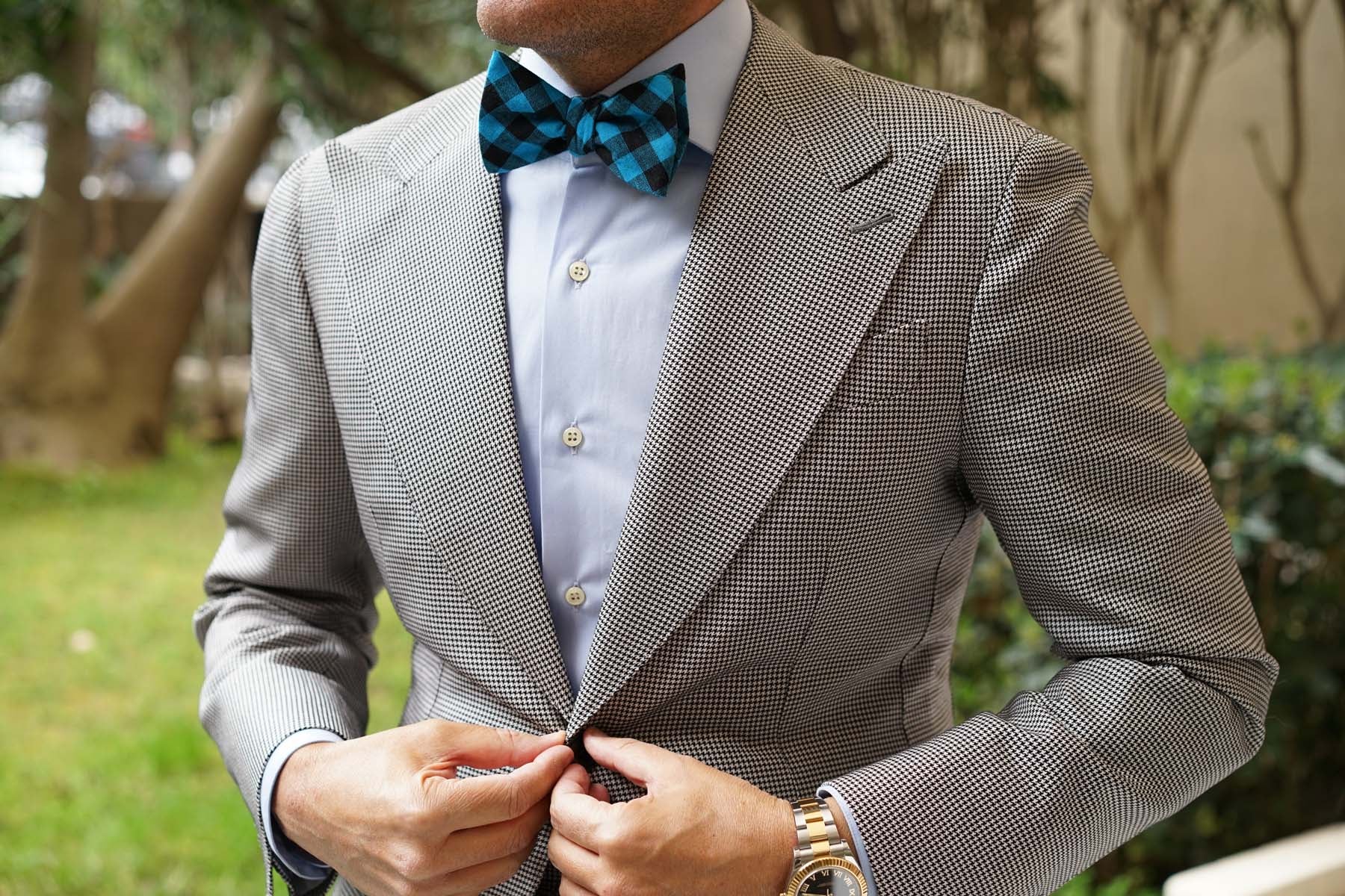 Grim Blue Gingham Self Bow Tie