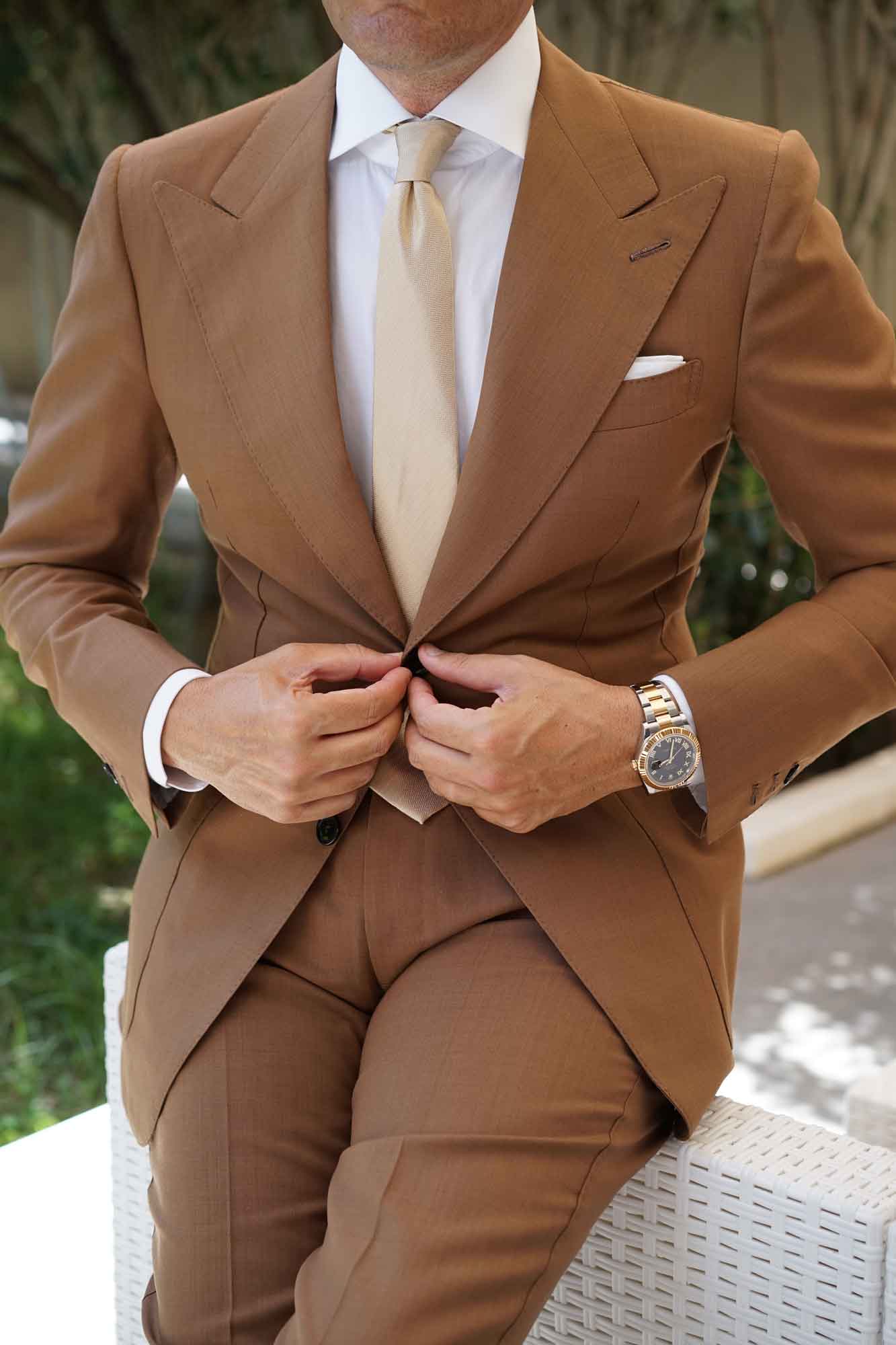 Champagne Gold Herringbone Chevron Skinny Tie