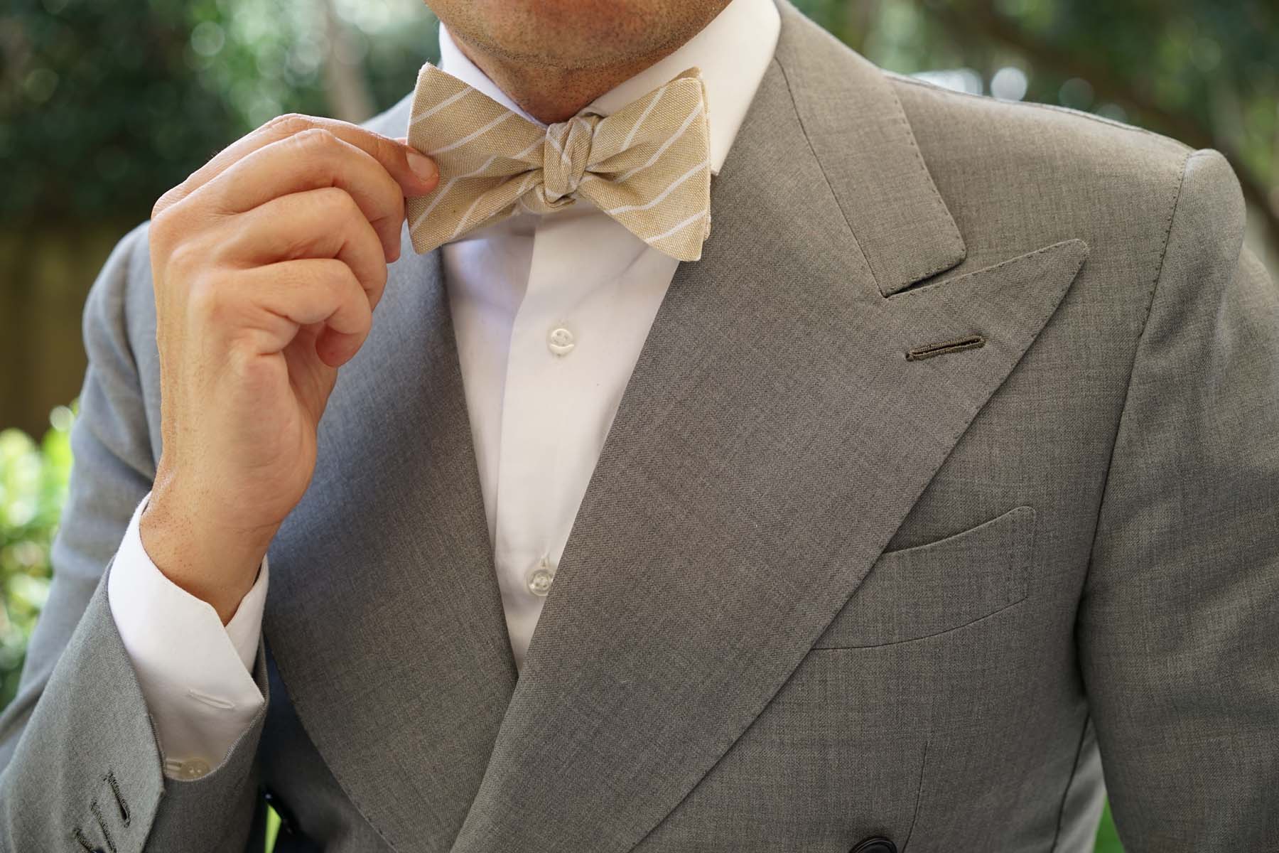 Khaki Linen Pinstripe Self Bow Tie