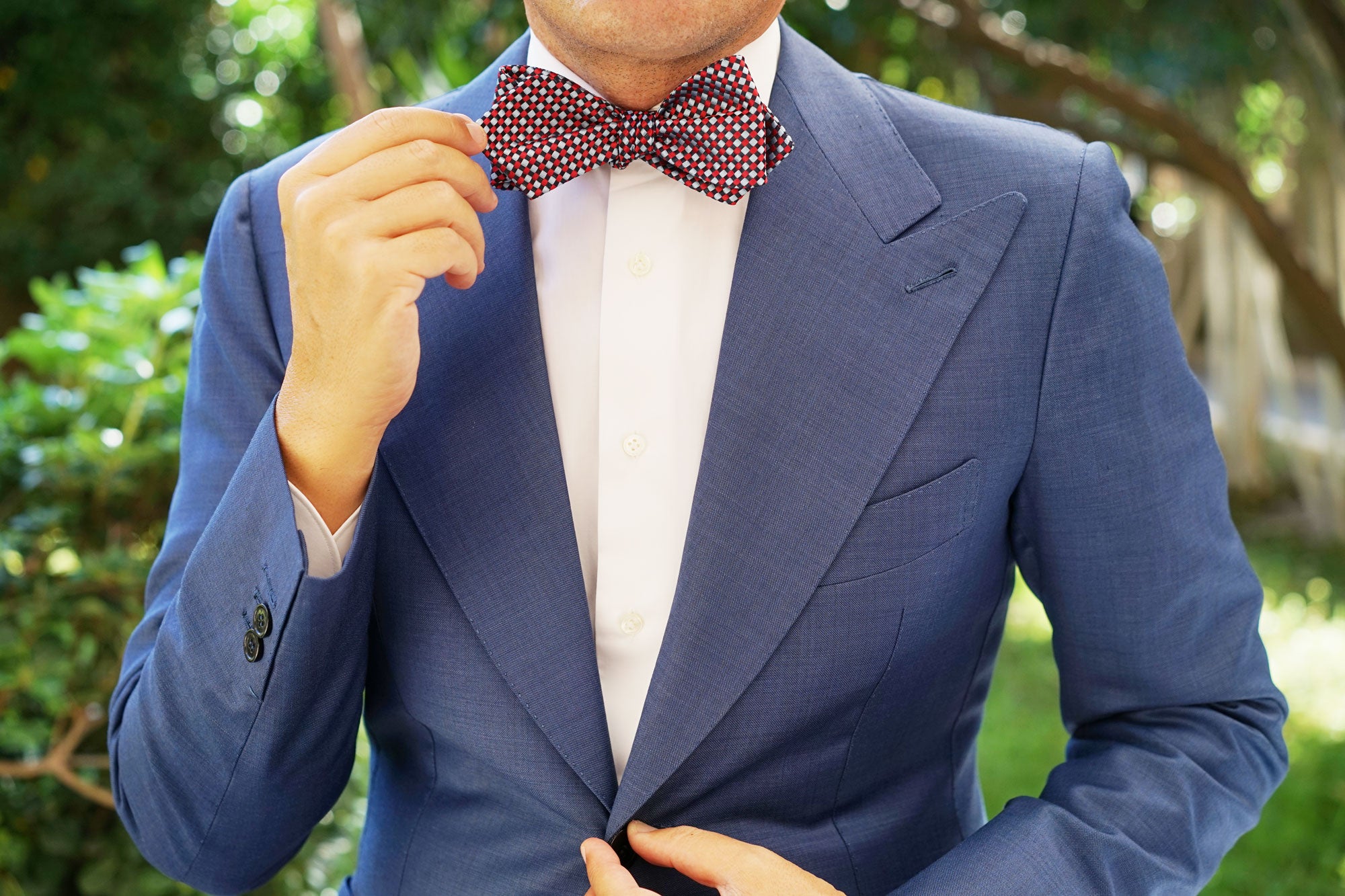 Navy and Light Blue Red Checkered Self Tie Diamond Tip Bow Tie