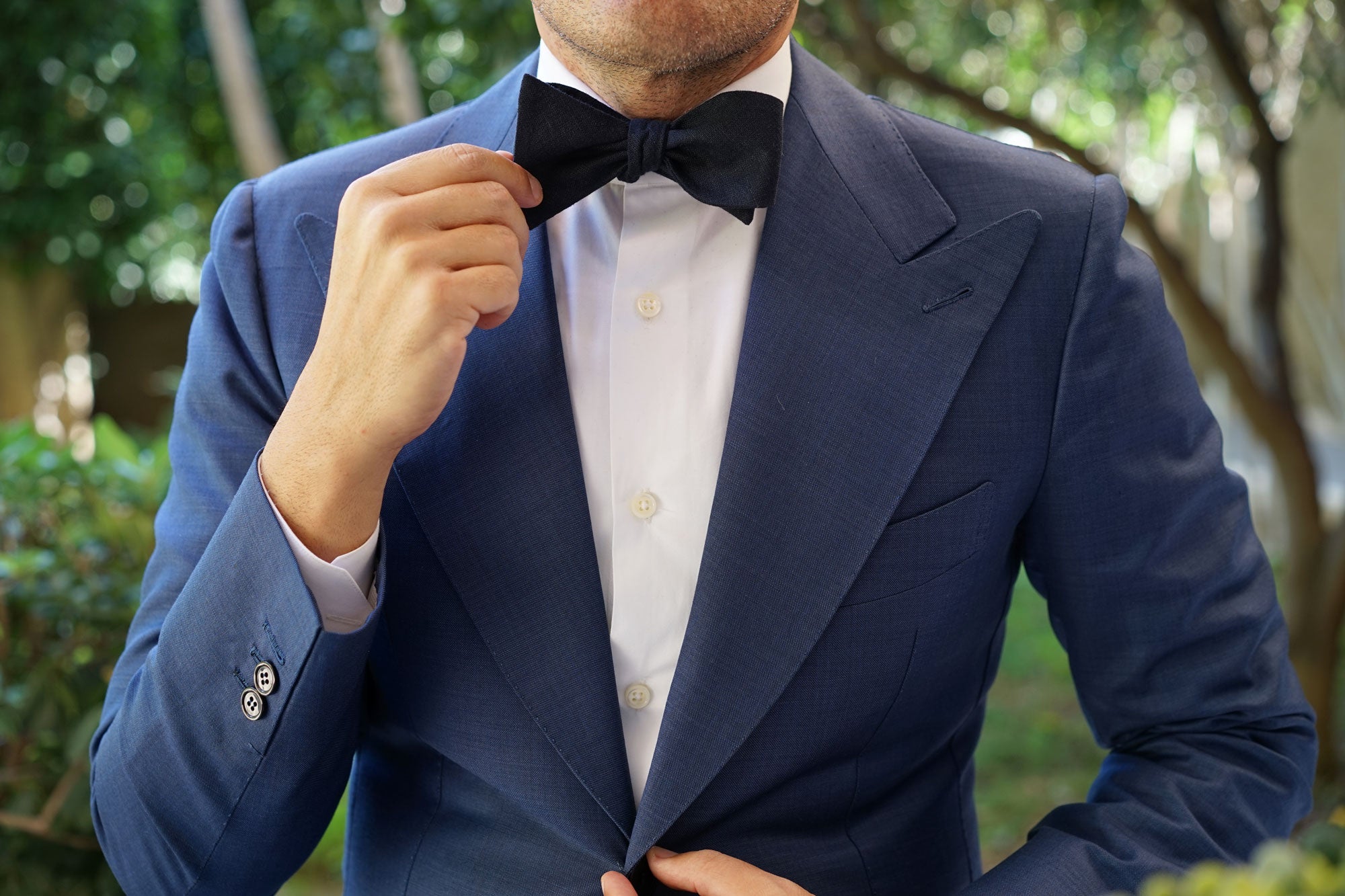 Dark Midnight Blue Linen Self Bow Tie