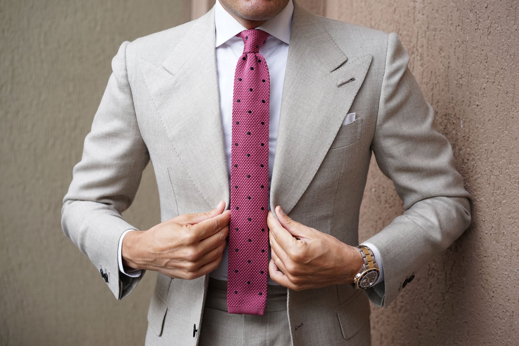 Rose Pink with Black Polkadots Knitted Tie