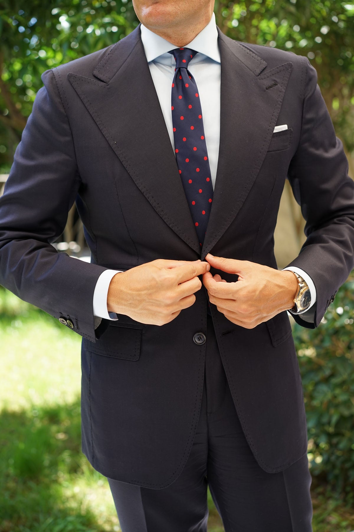 Navy Blue Skinny Tie with Red Polka Dots