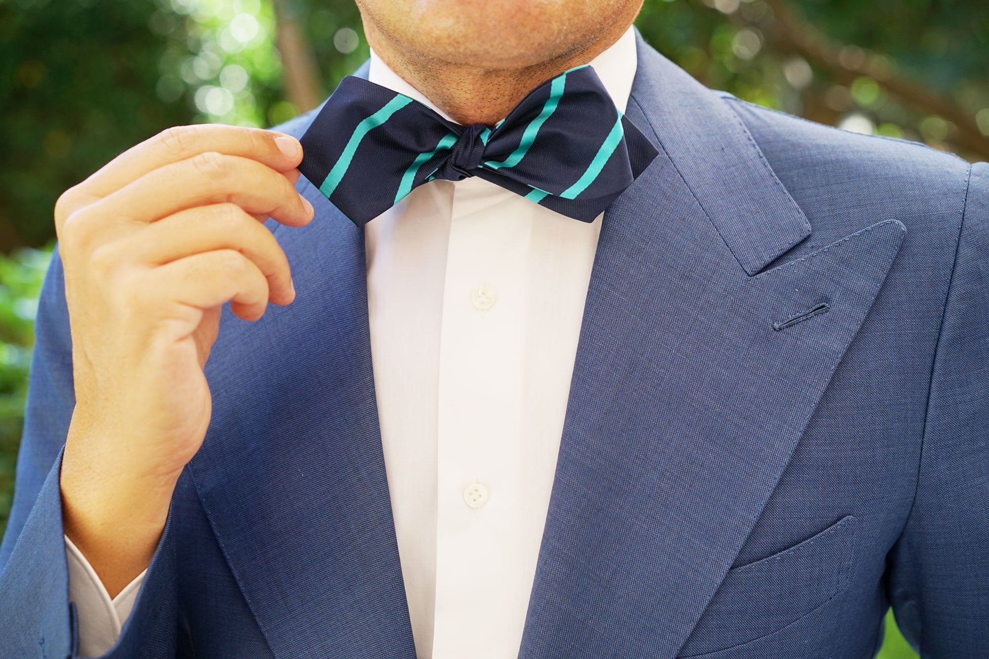 Navy Blue with Striped Light Blue Self Tie Diamond Tip Bow Tie