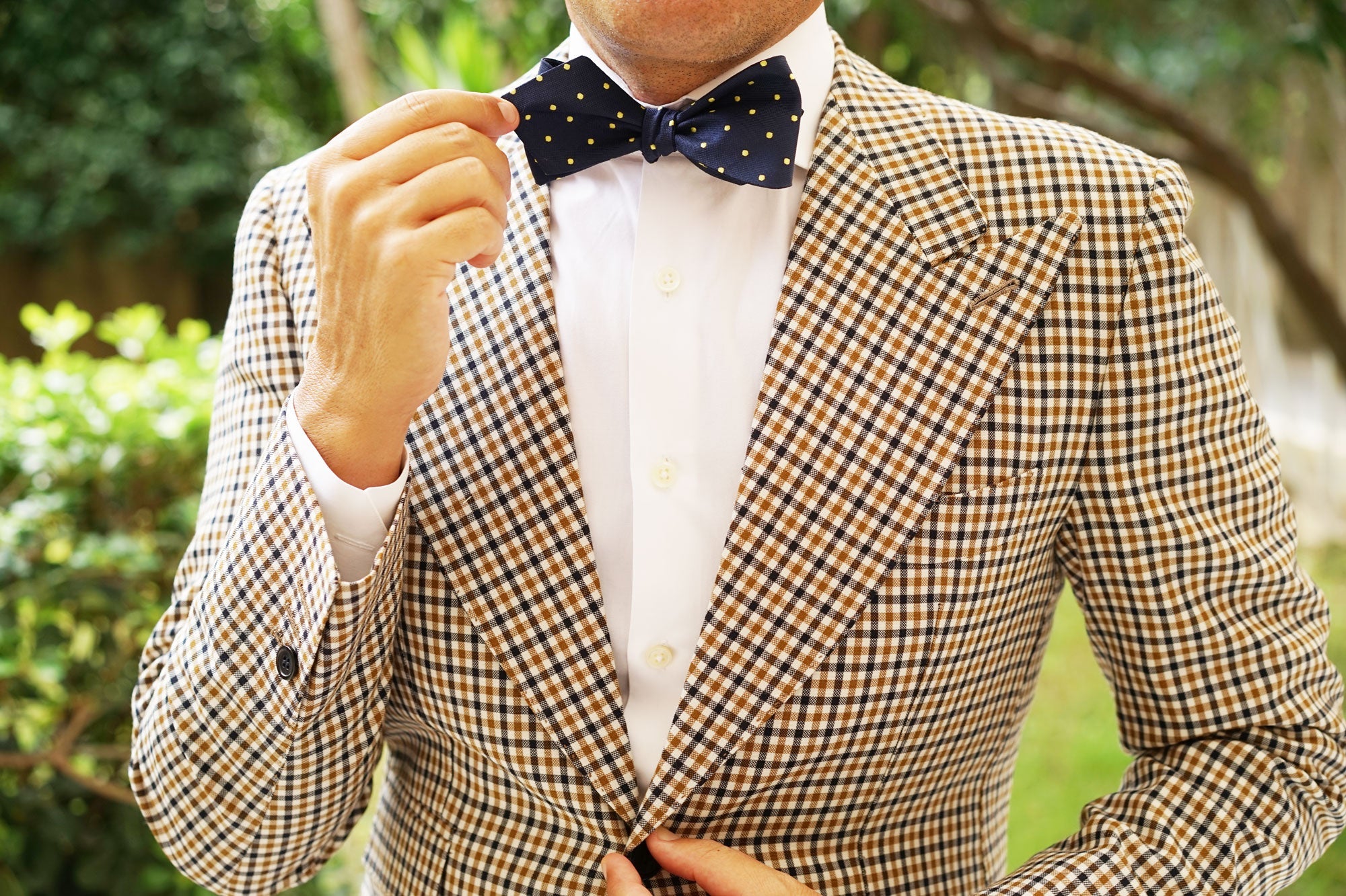 Navy Blue with Yellow Polka Dots Self Tie Diamond Tip Bow Tie