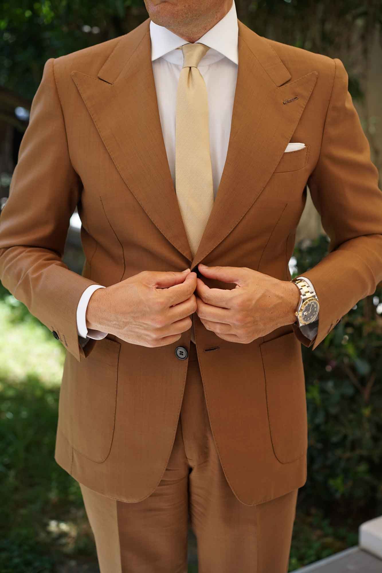 Champagne Gold Herringbone Chevron Skinny Tie