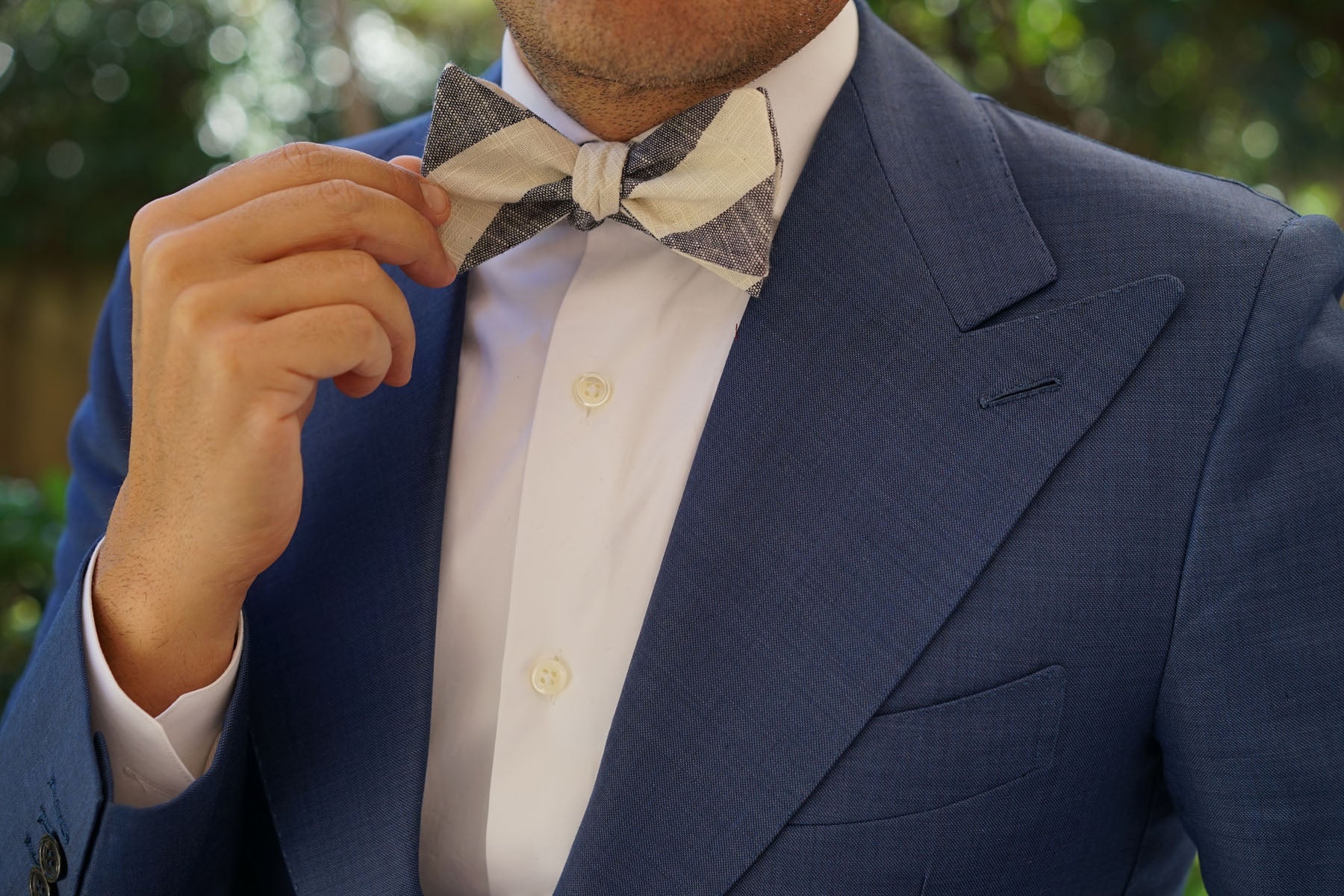 Kekova Blue Striped Linen Self Bow Tie