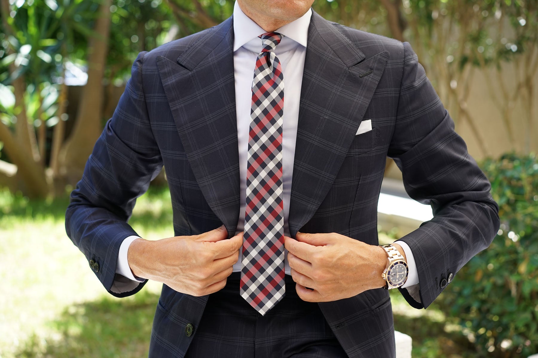 Navy Checkered Scotch Red Skinny Tie