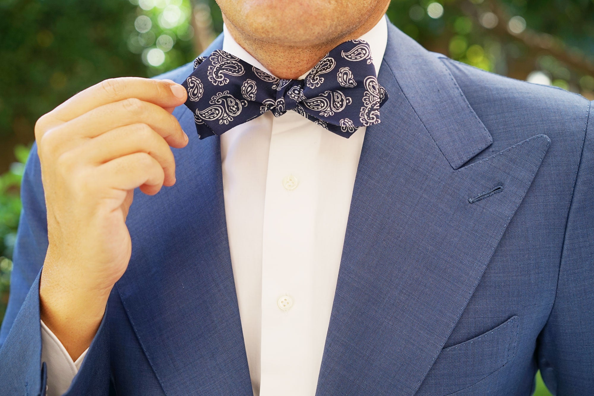 Paisley Navy Blue Self Tie Diamond Tip Bow Tie