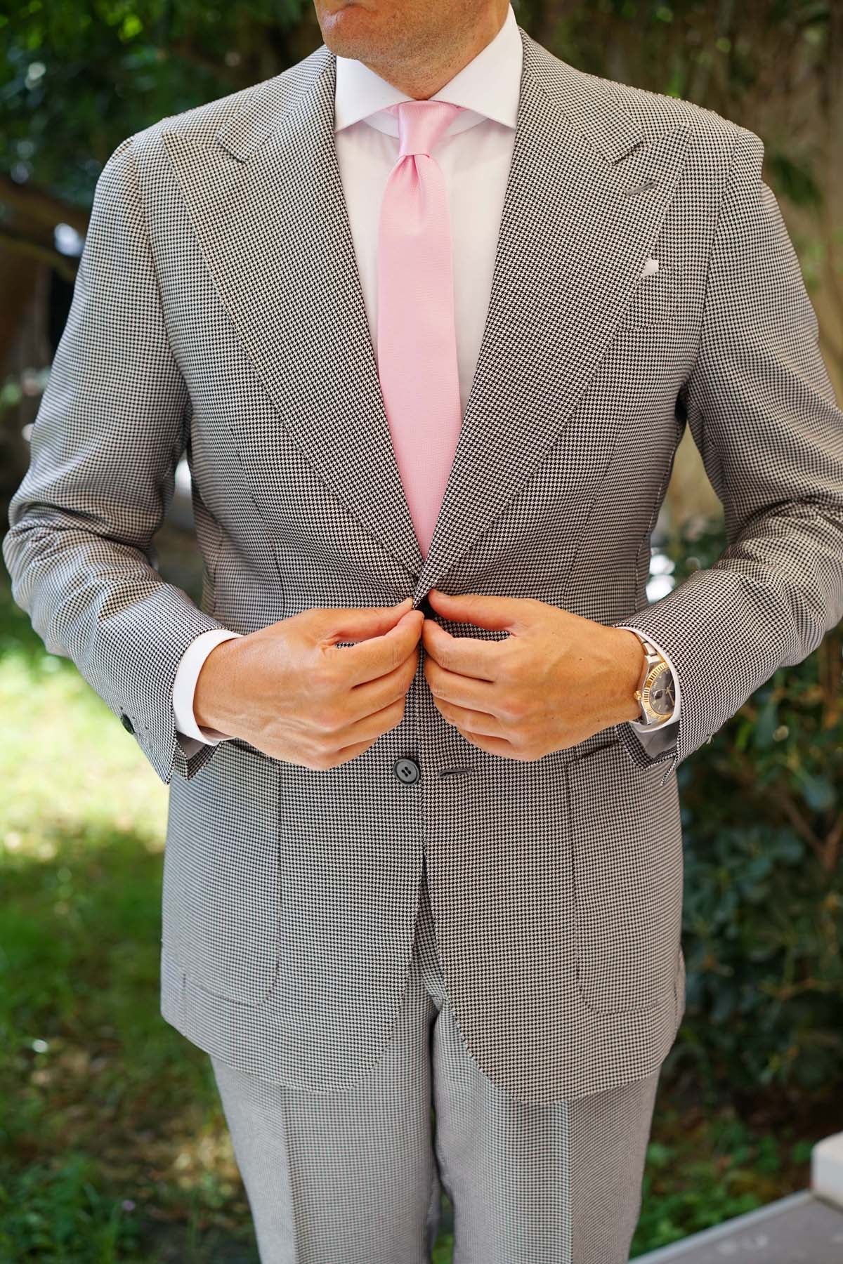 Peony Pink Basket Weave Skinny Tie