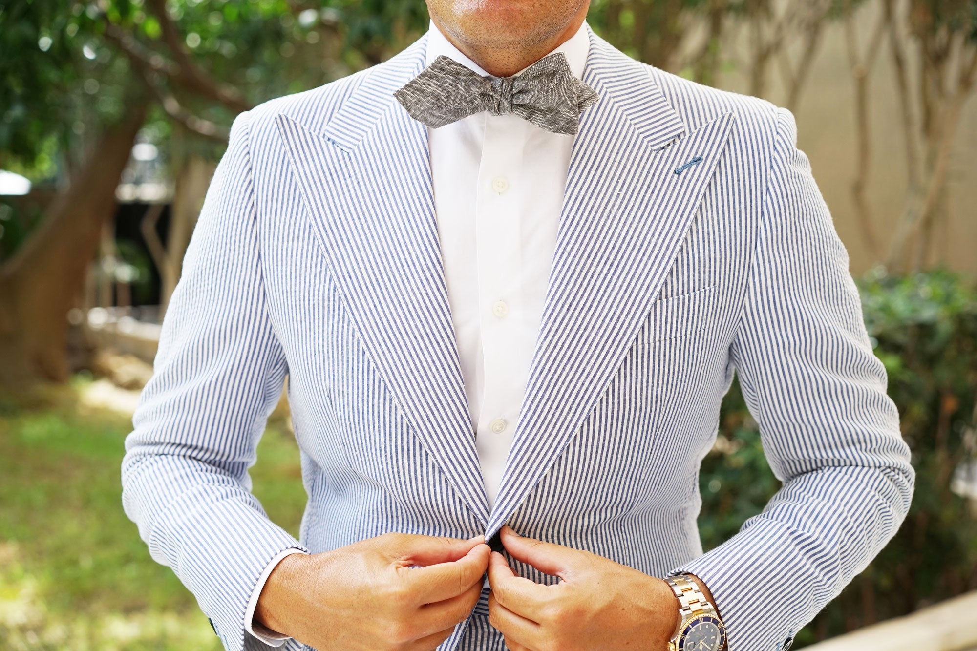 Grey Linen Chambray Self Tie Diamond Bow Tie