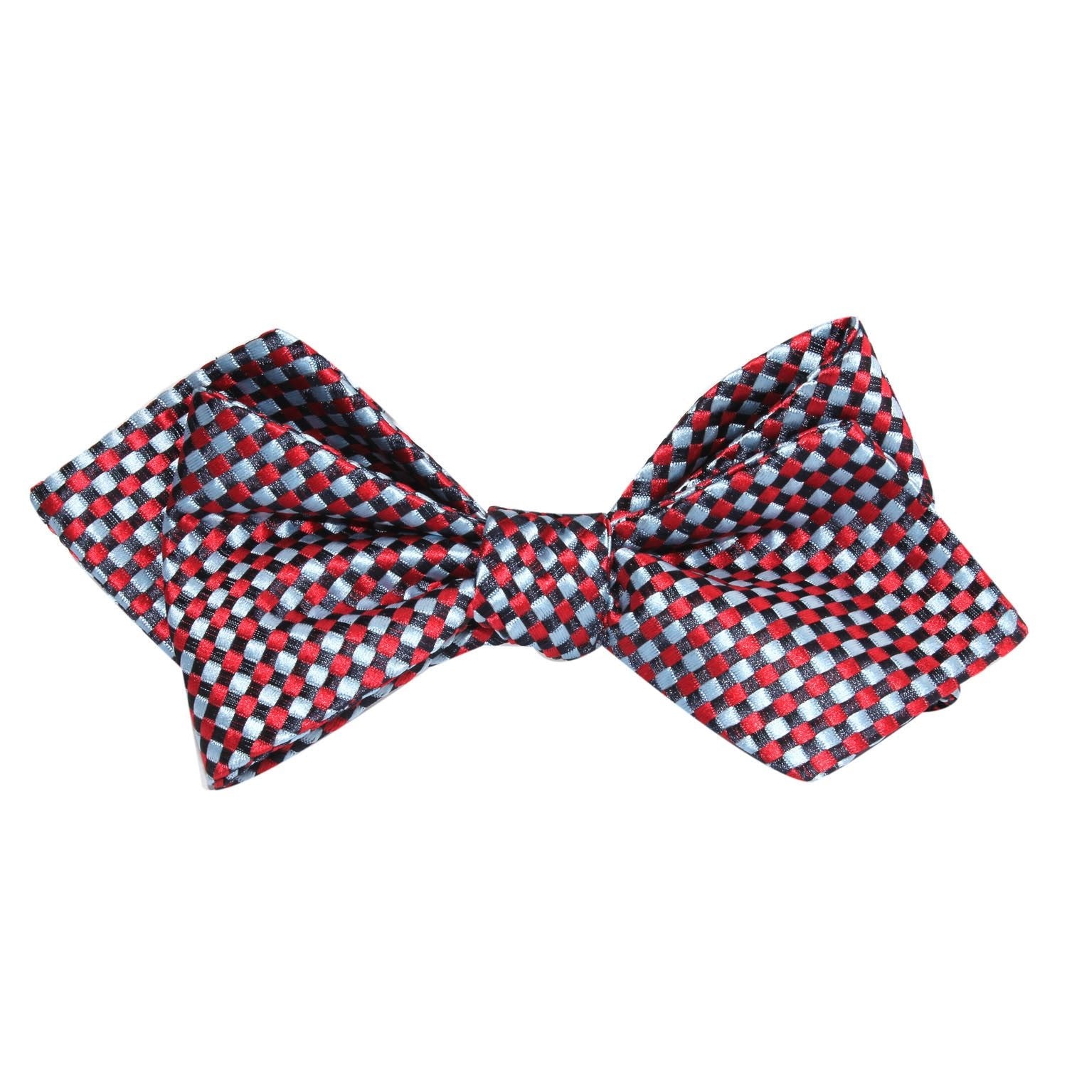 Navy and Light Blue Red Checkered Self Tie Diamond Tip Bow Tie