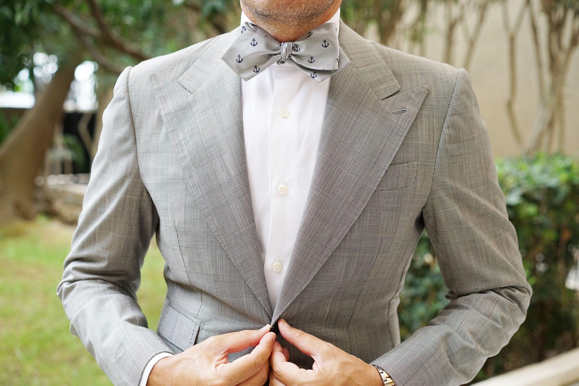 The OTAA Light Grey with Navy Blue Anchors Self Tie Diamond Tip Bow Tie