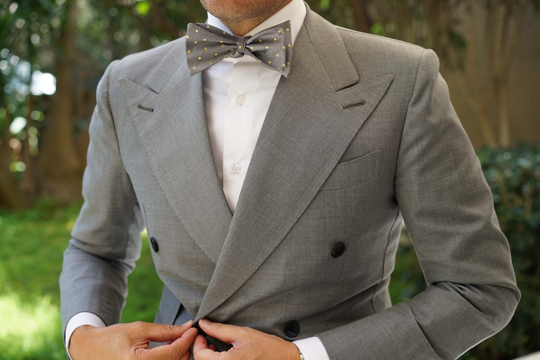 Grey with Yellow Polka Dots Self Tie Bow Tie