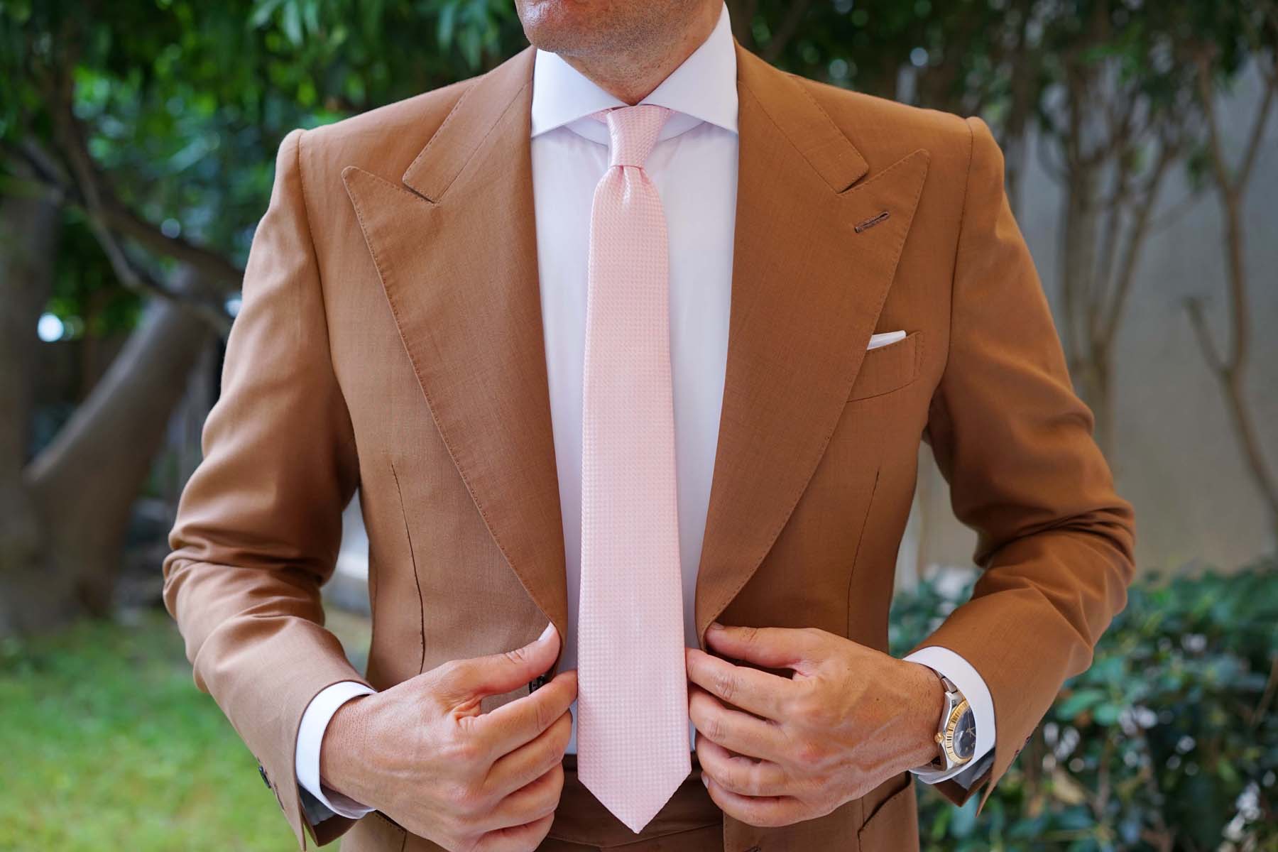 Pink Basket Weave Checkered Skinny Tie