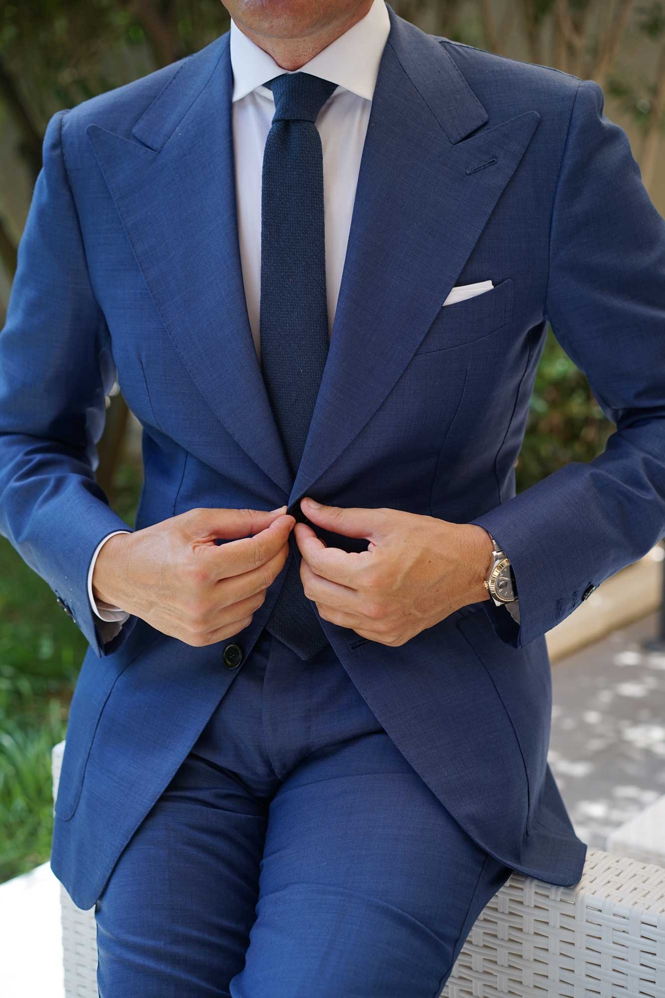 Navy Blue Basket Weave Linen Skinny Tie