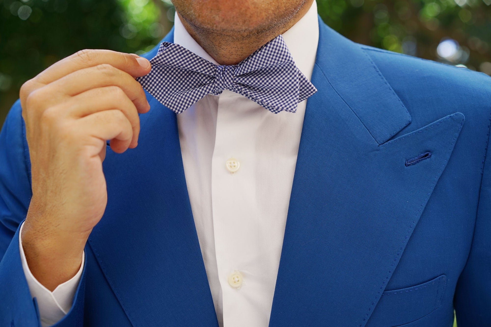 Blue Gingham Cotton Self Tie Diamond Bow Tie