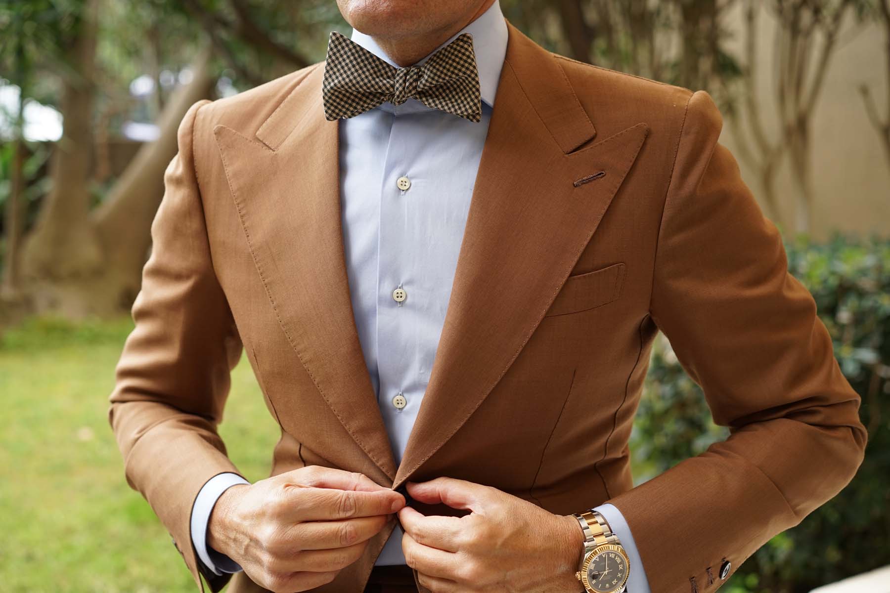 Khaki Green Gingham Blend Self Bow Tie