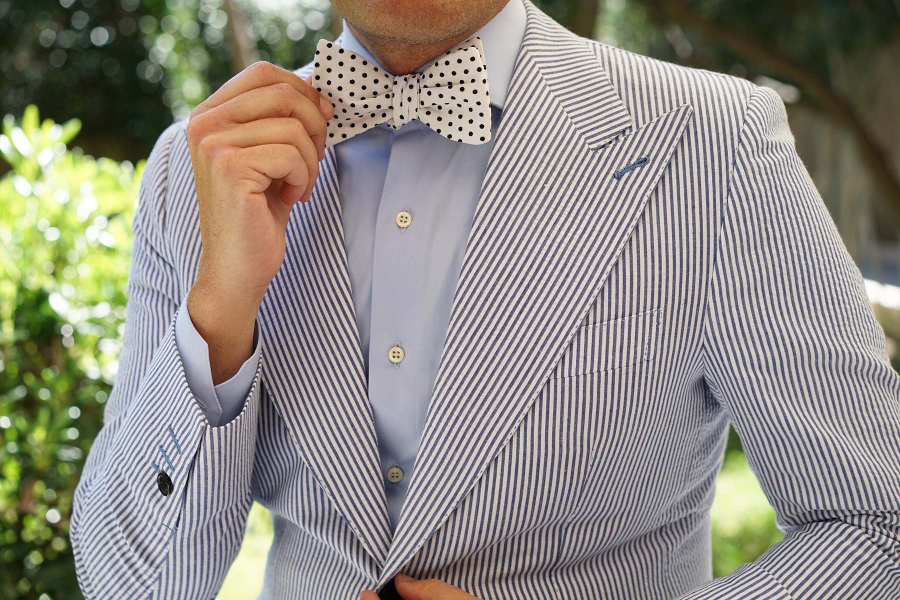 White with Black Polkadot Cotton Self Bow Tie