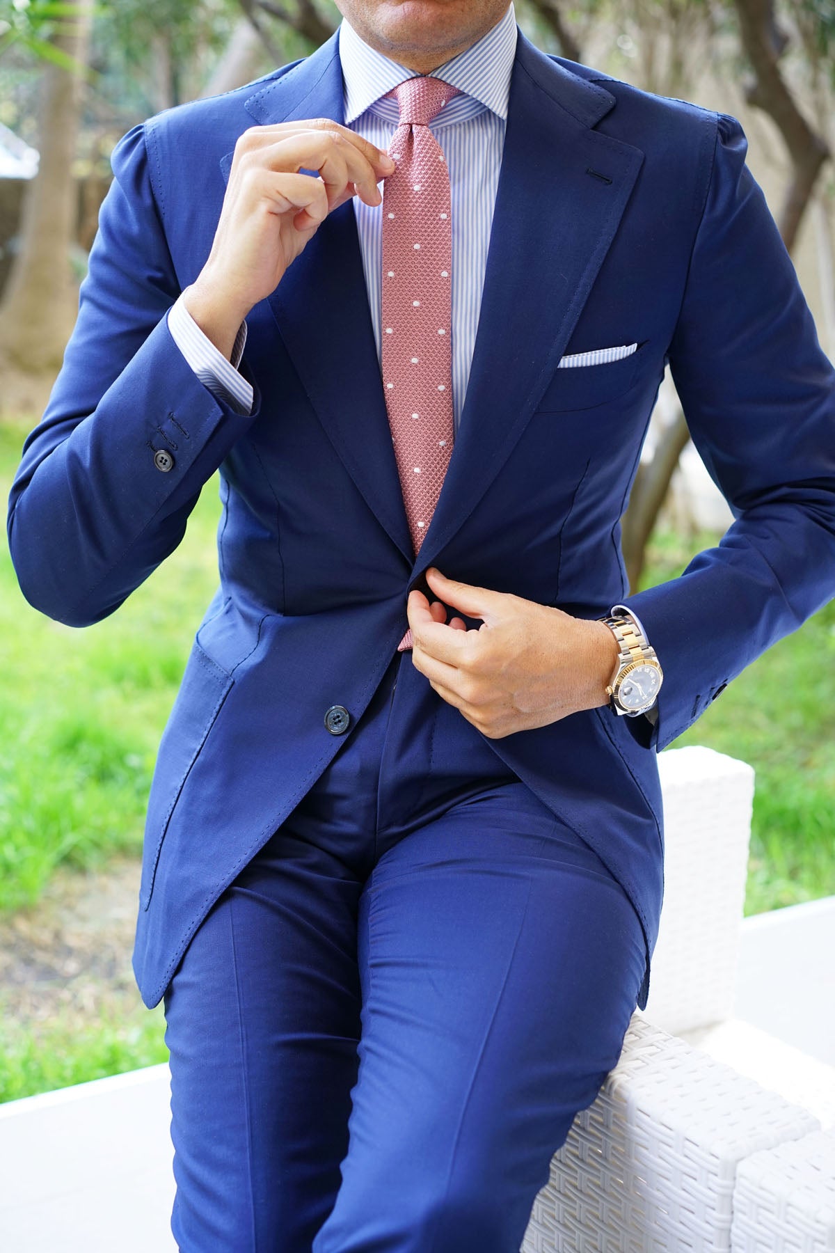 Pink Knitted Tie with White Polka Dots