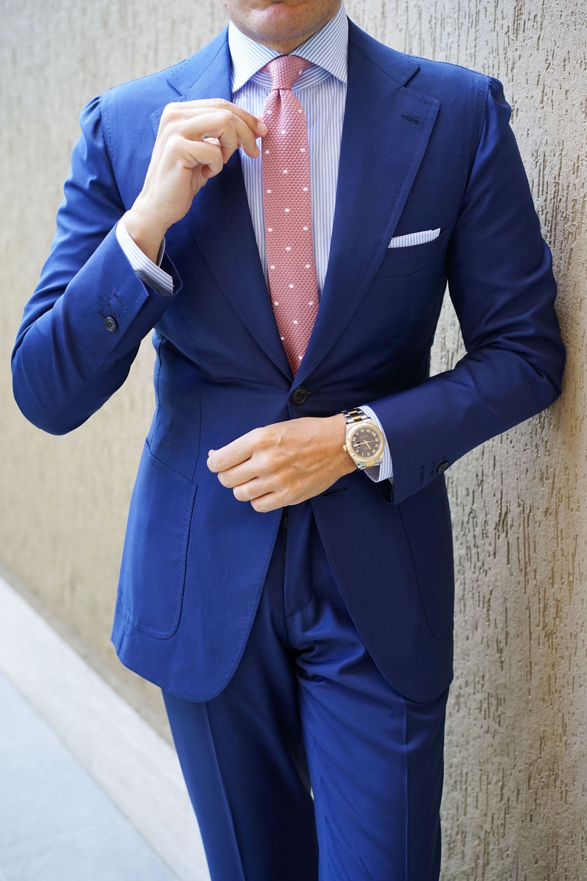 Pink Knitted Tie with White Polka Dots