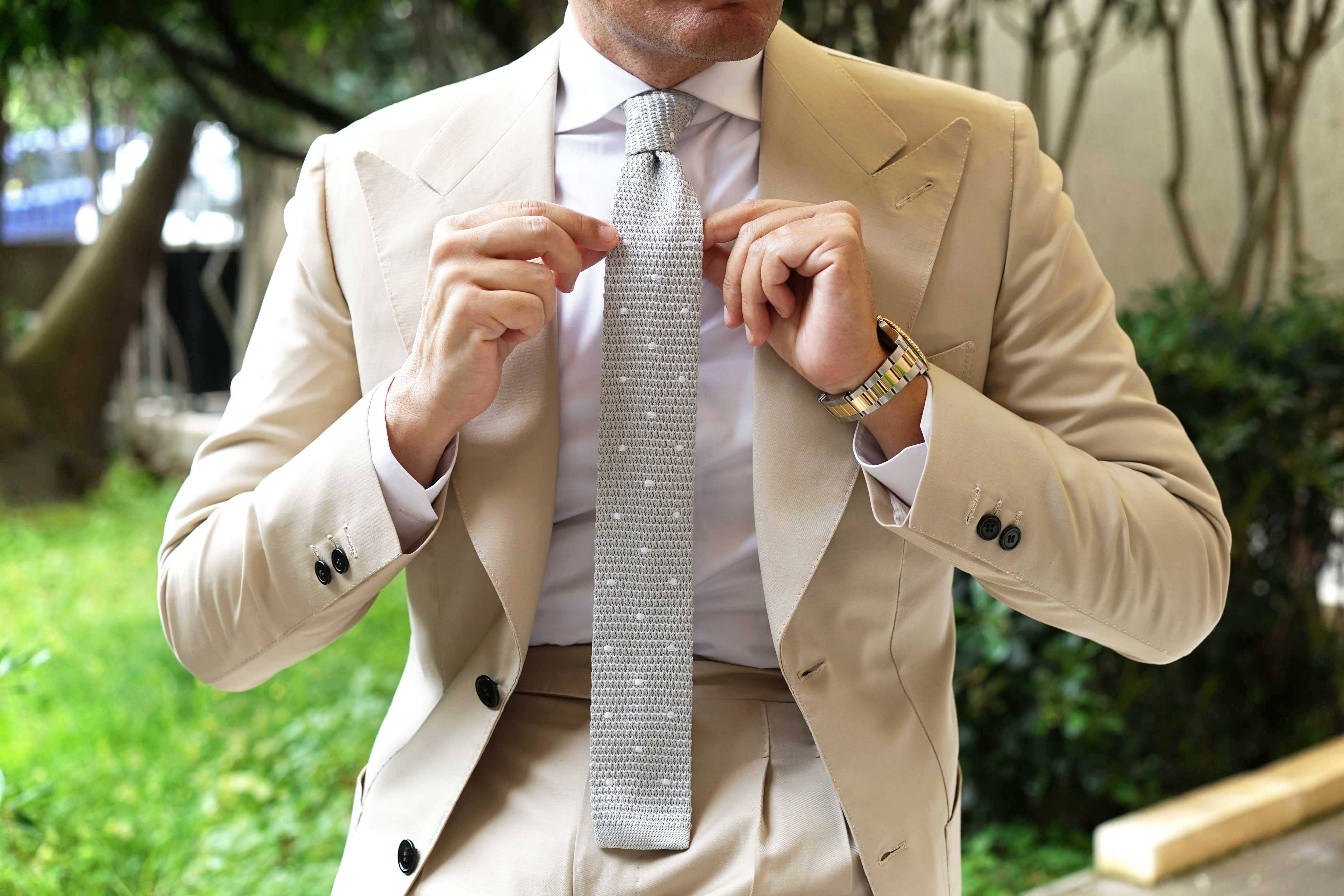 Light Grey Knitted Tie with White Polka Dots