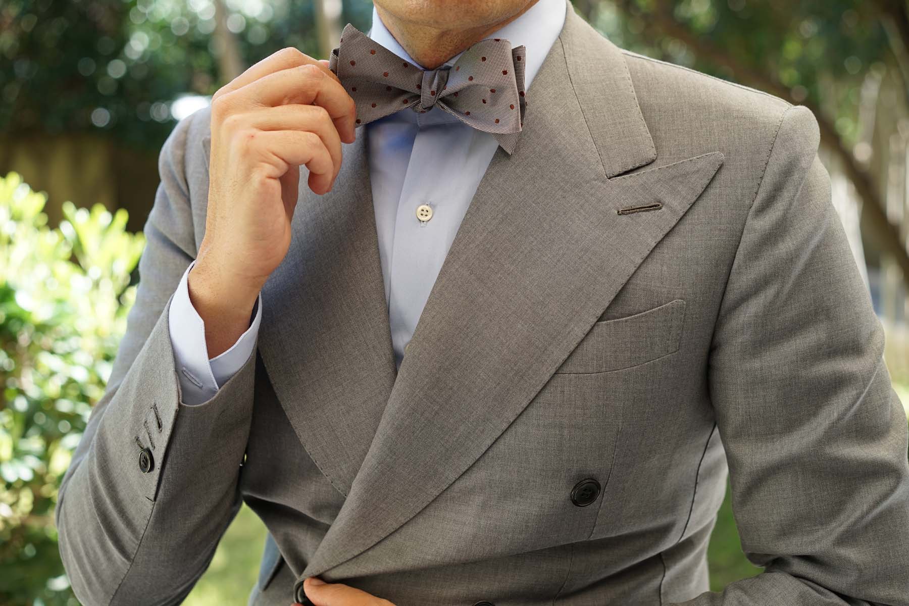 Grey with Brown Polka Dots Self Tie Bow Tie