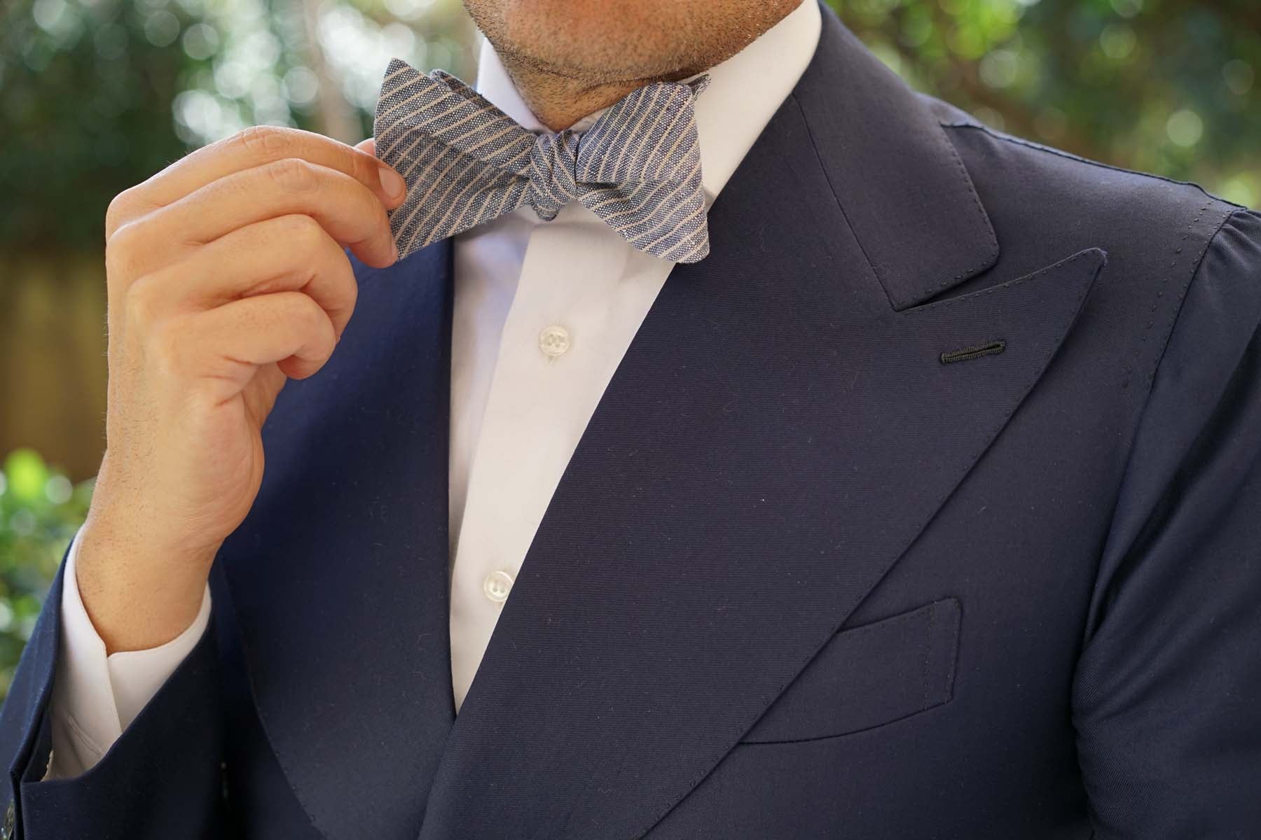 Blue Dry Cold Linen Pinstripe Self Bow Tie