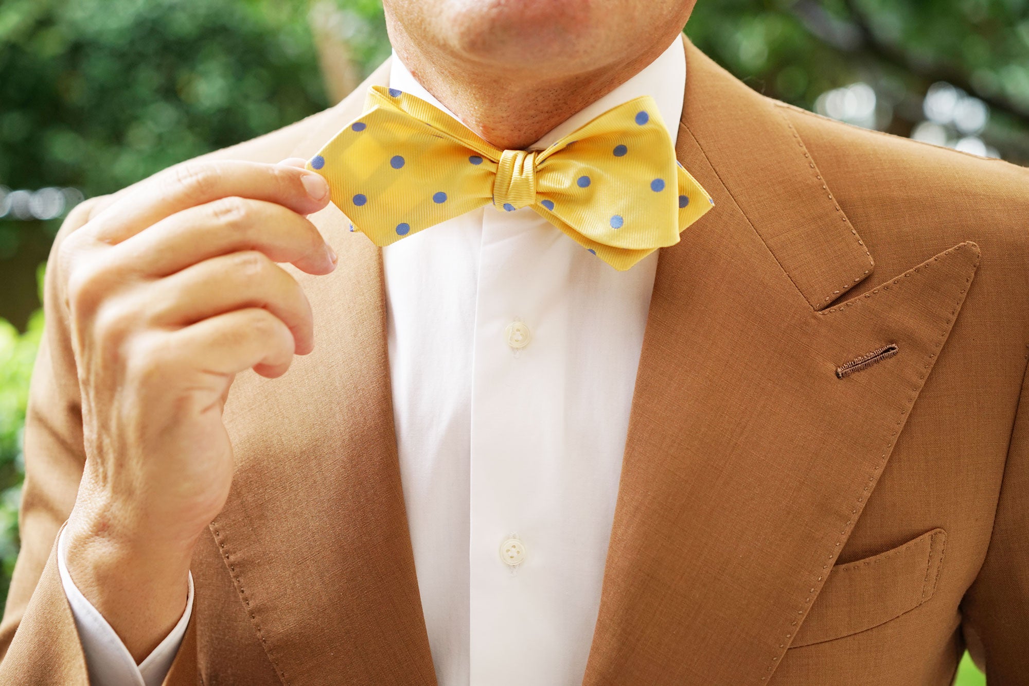 Yellow with Light Blue Polka Dots Self Tie Diamond Tip Bow Tie