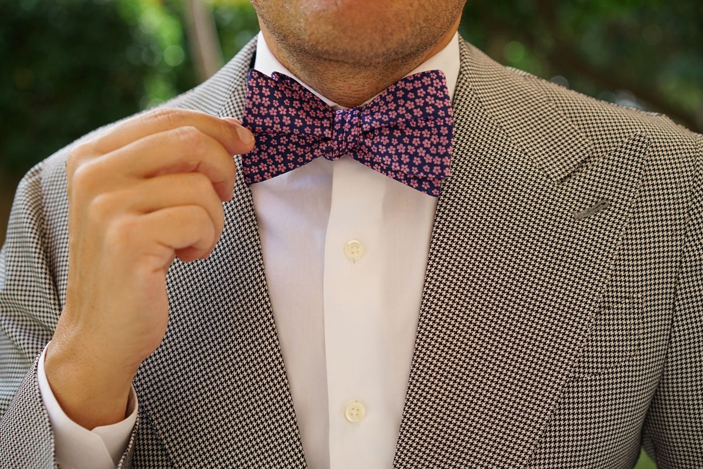 Pink Plum Blossom Floral Self Bow Tie