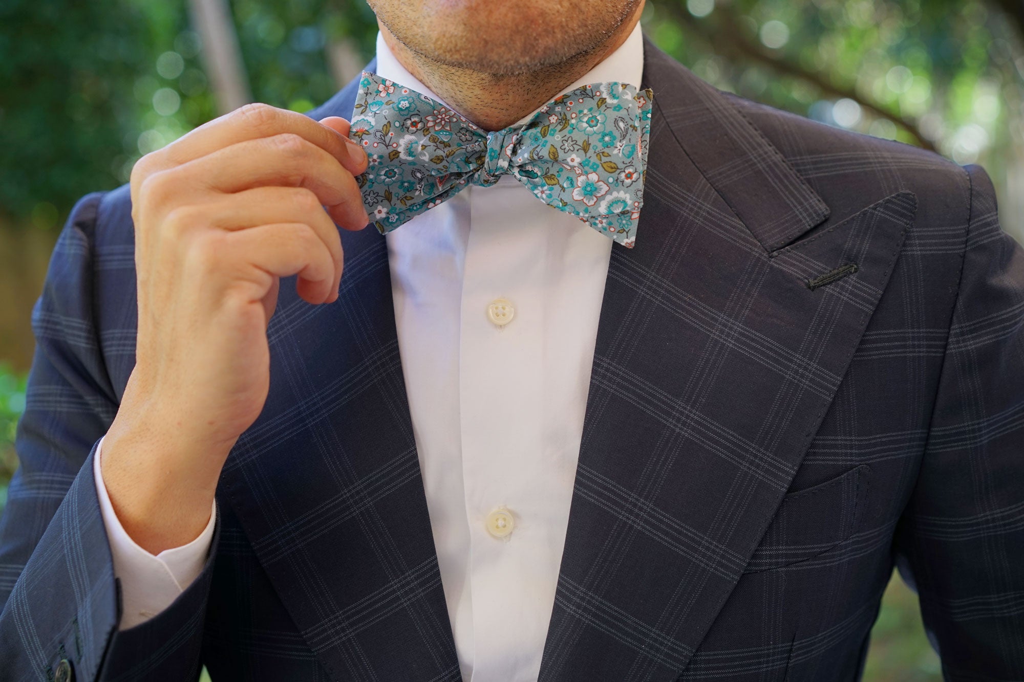 Japanese Sage Green Floral Self Bow Tie