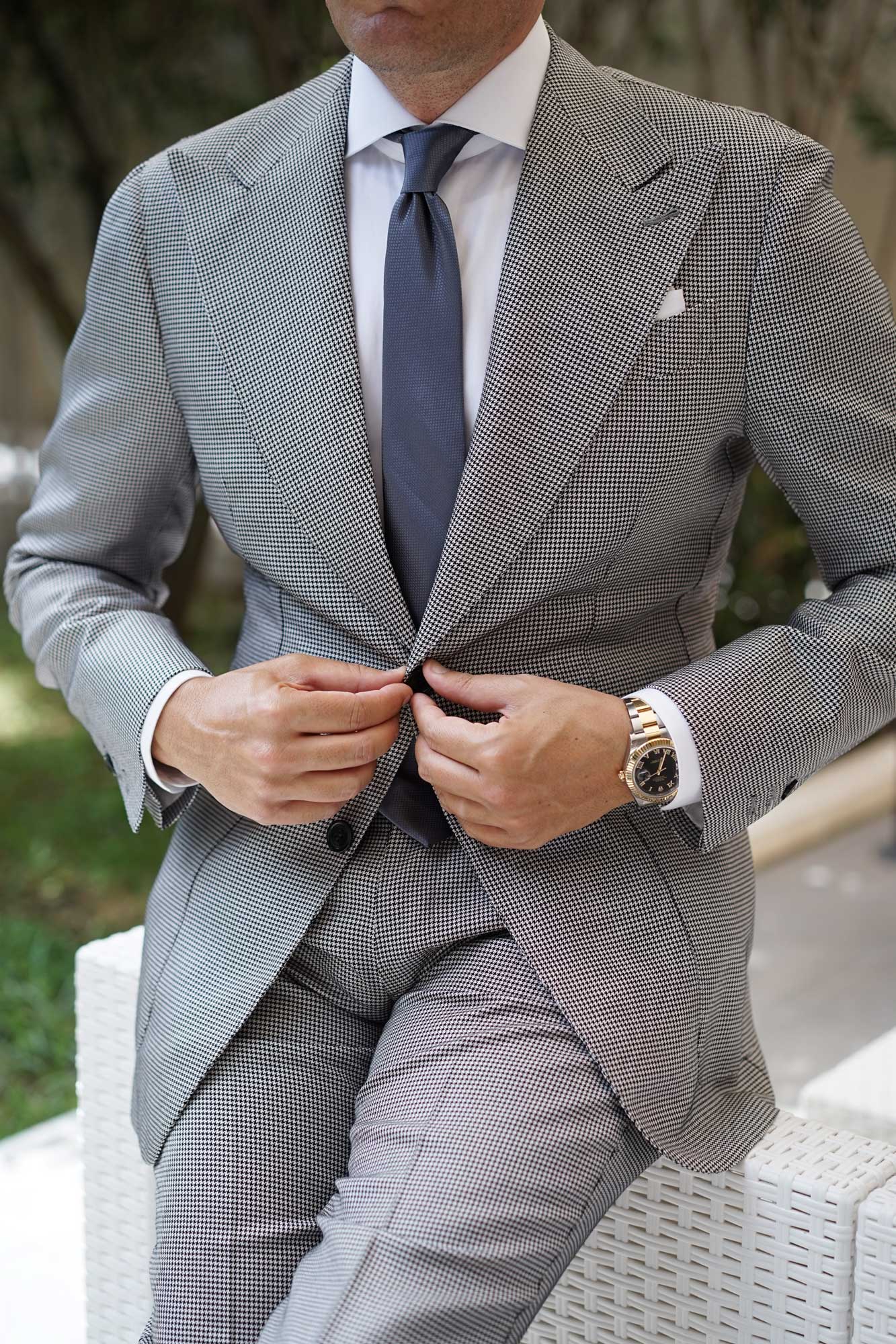 Slate Grey Charcoal Basket Weave Skinny Tie