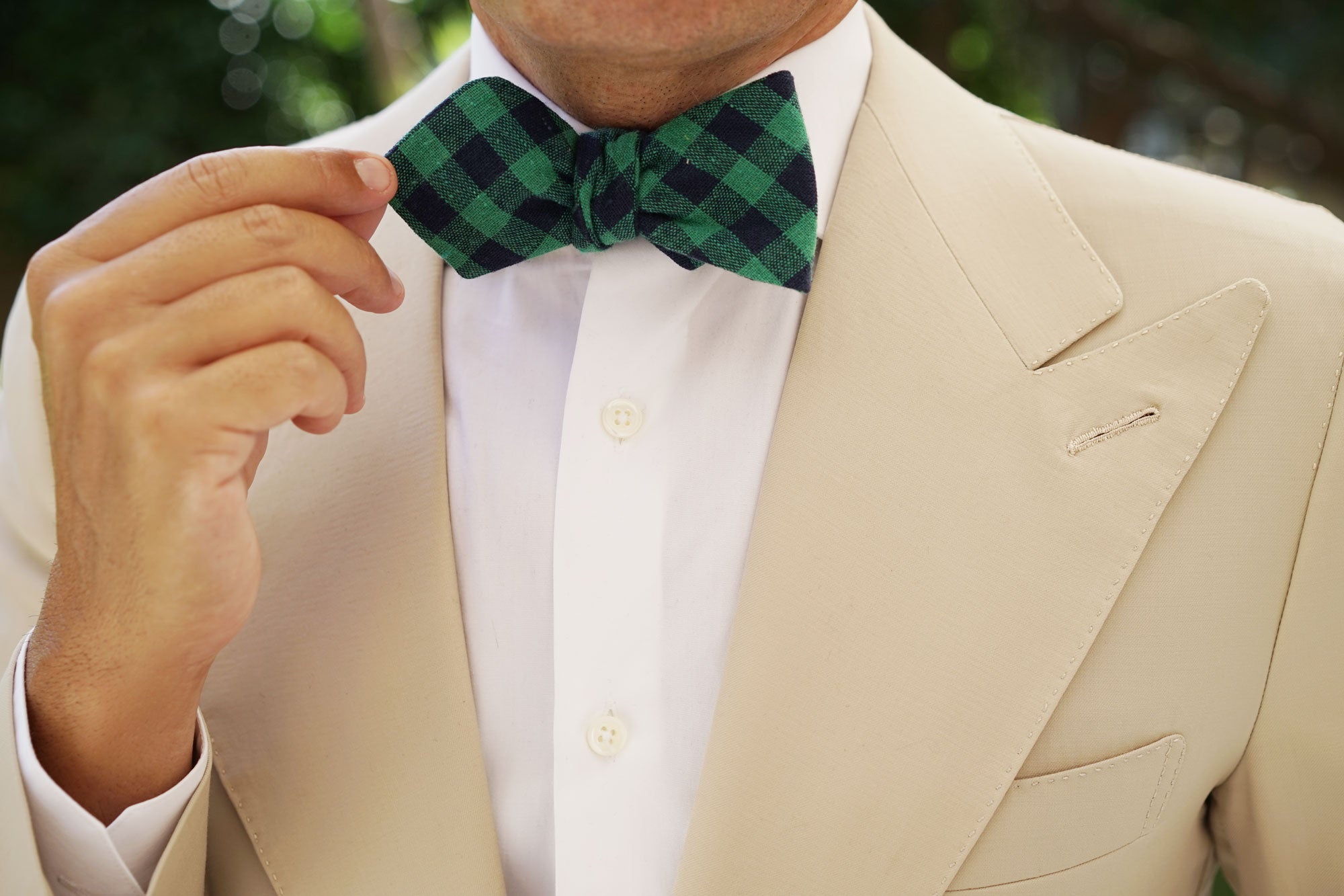 Raw Green Gingham Linen Diamond Self Bow Tie