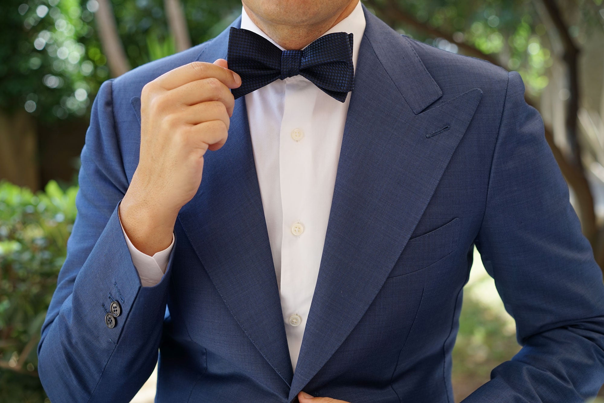 Navy Blue Basket Weave Checkered Self Bow Tie