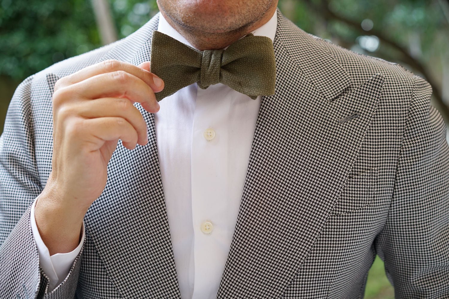 Olive Green Basket Weave Linen Self Bow Tie