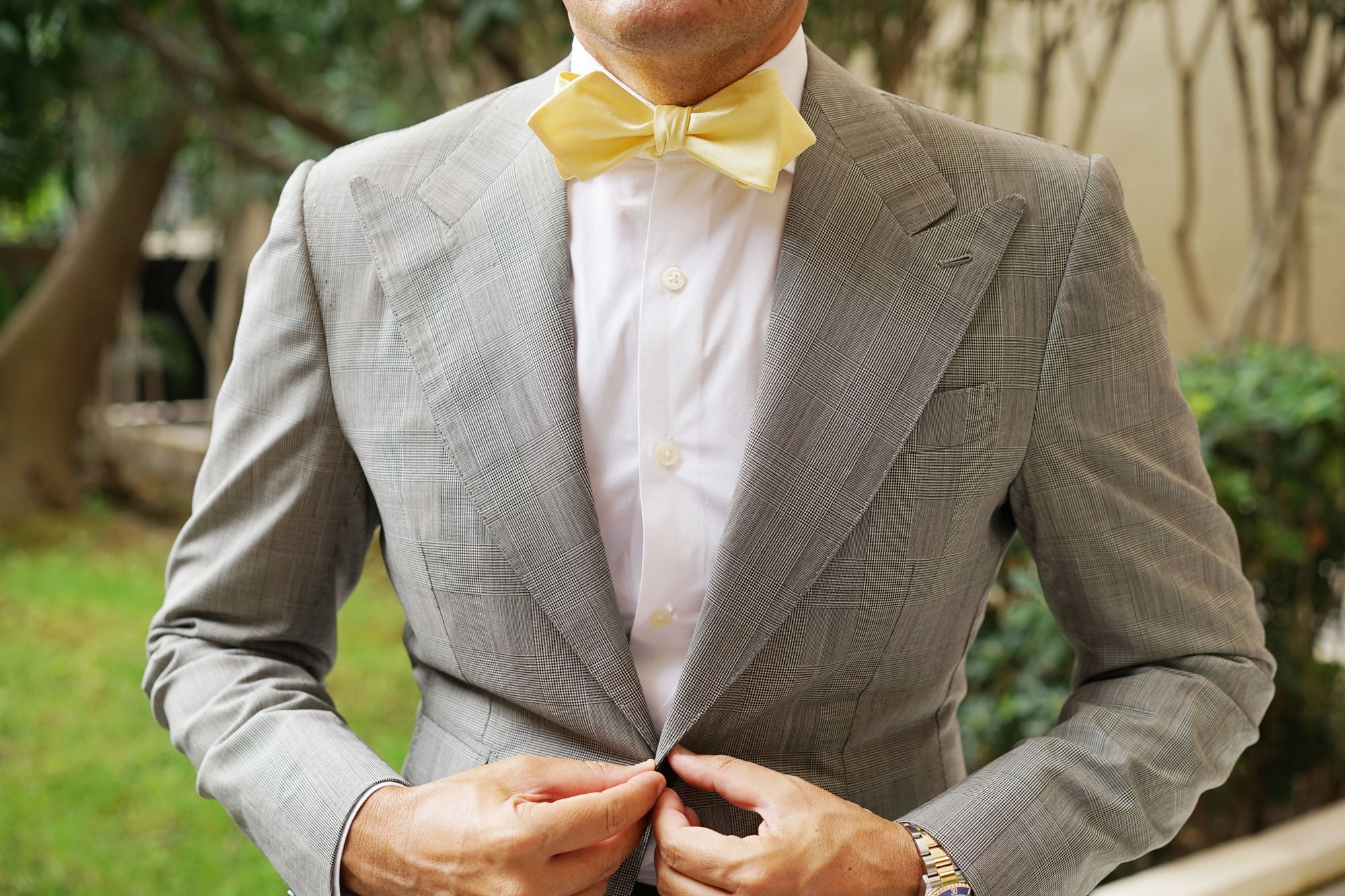 Light Yellow Satin Self Tie Diamond Tip Bow Tie