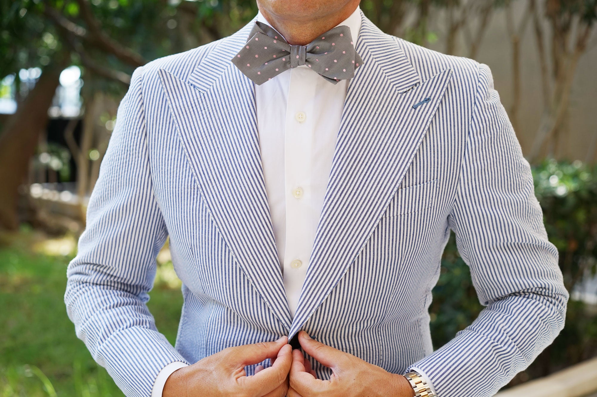 Grey with Baby Pink Polka Dots Self Tie Diamond Tip Bow Tie