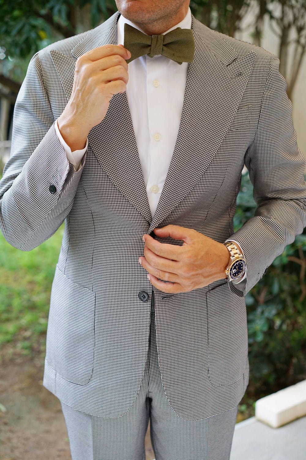 Olive Green Basket Weave Linen Self Bow Tie