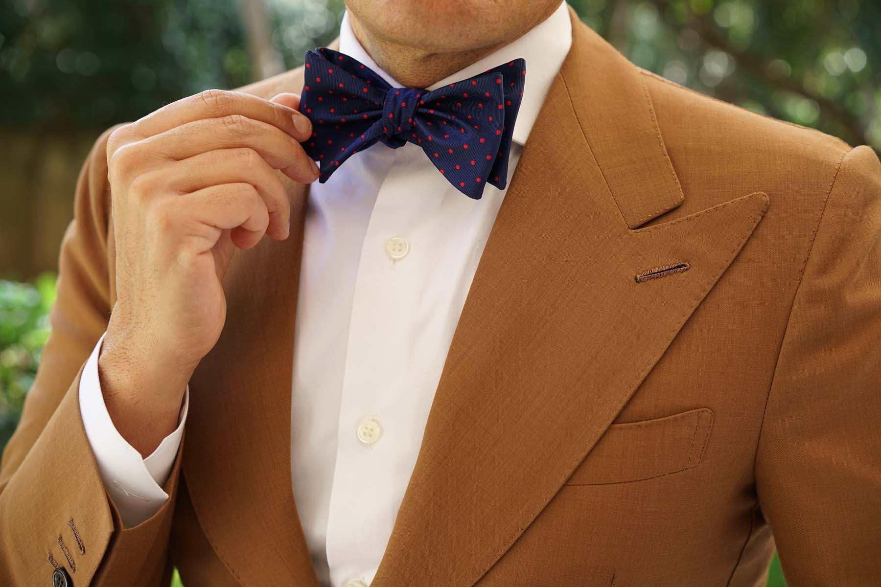 Navy on Red Mini Pin Dots Self Bow Tie